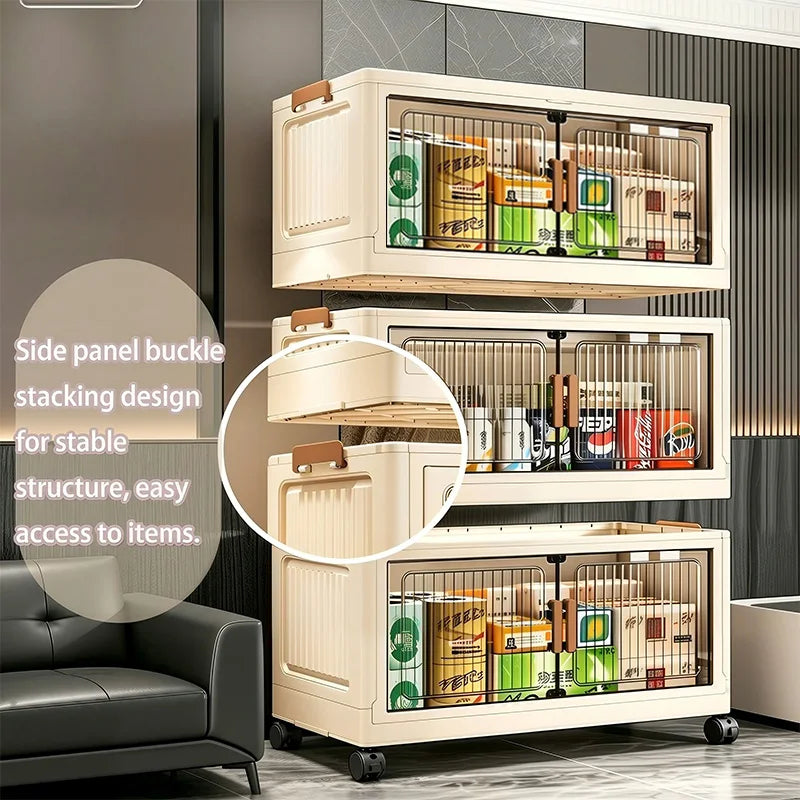 19.7in 3/4/5/6-Tier Foldable Storage Cabinet with Wheels, Stackable Plastic Storage Organizer with Magnetic Doors, Collapsible Storage Shelf for Bedroom, Living Room, Kitchen, Pantry, No Assembly Required, Beige
