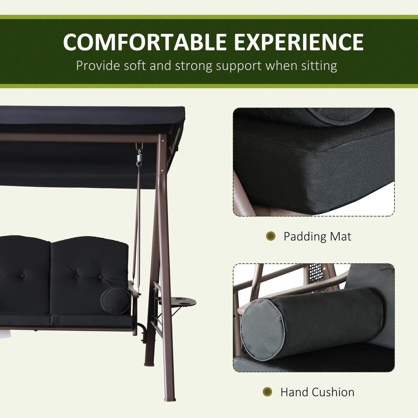 3-Person Outdoor Canopy Patio Cushioned Bench Patio Glider Swing Seat Steel