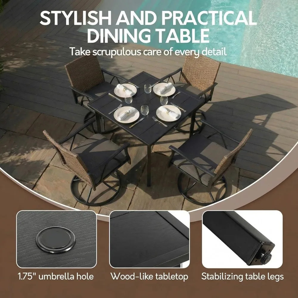 5-Piece Patio Dining Set for 4,Outdoor Dining Set with Wicker Swivel Patio Dining Chairs with Cushions & 1 Black, Customized