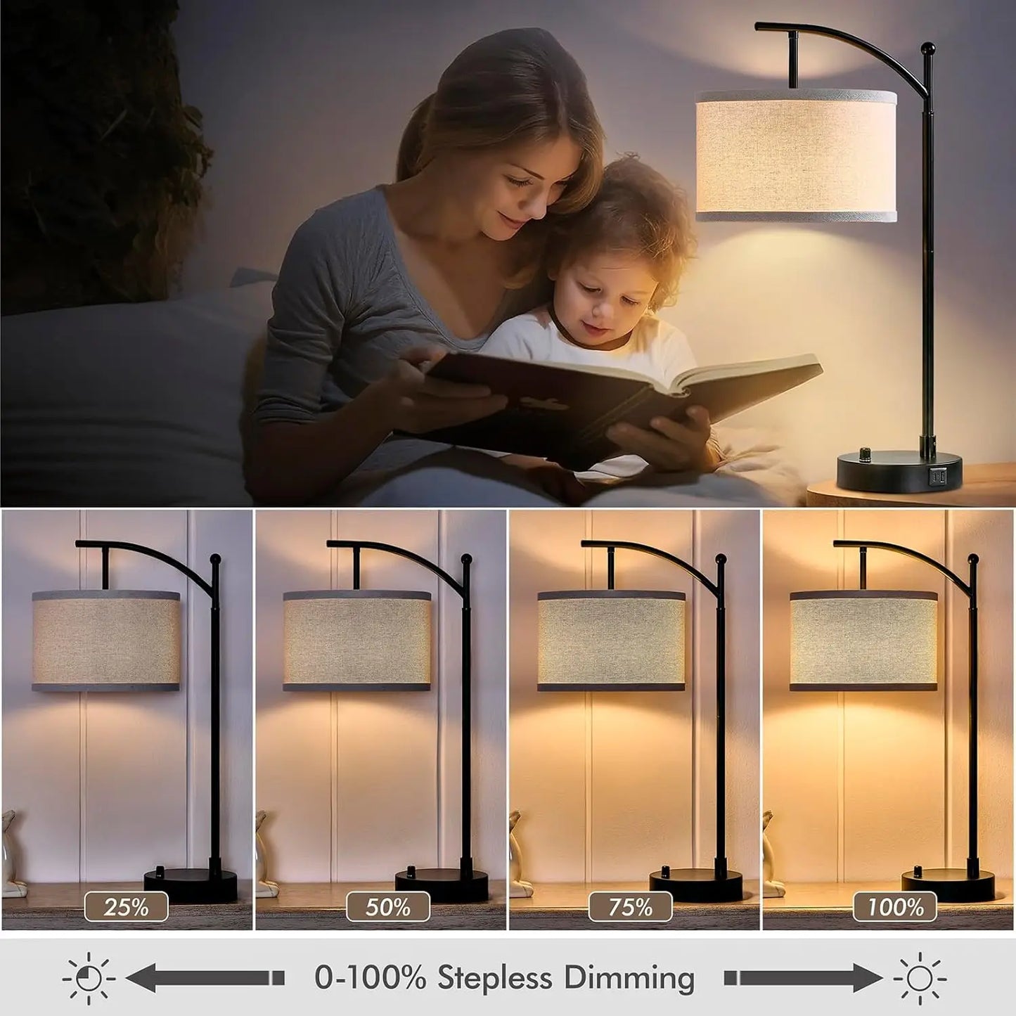 23.5" Table Lamps Set of 2 with USB C+A Ports, Dimmable LED Bulbs for Living Room Bedroom Nightstand