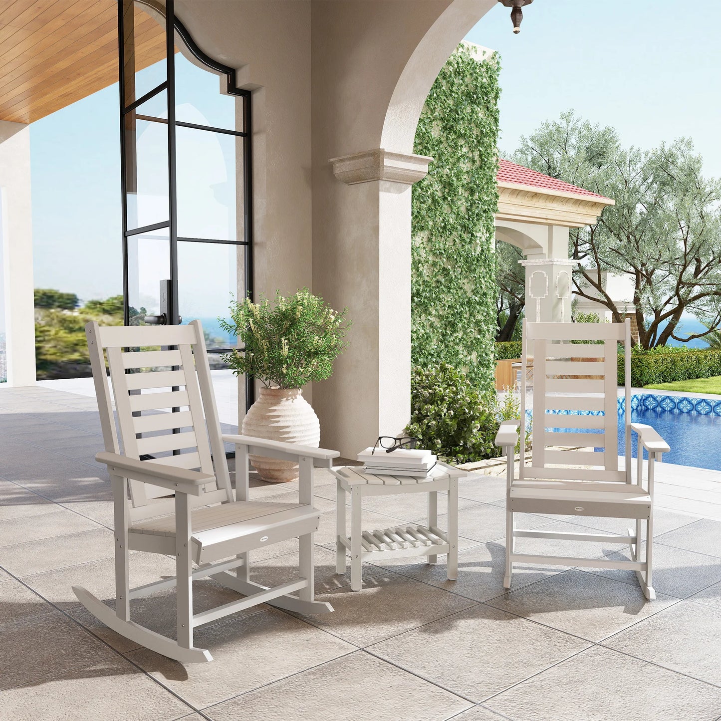 2 Outdoor Rocking Chairs, HDPE High Back Patio Rockers, White