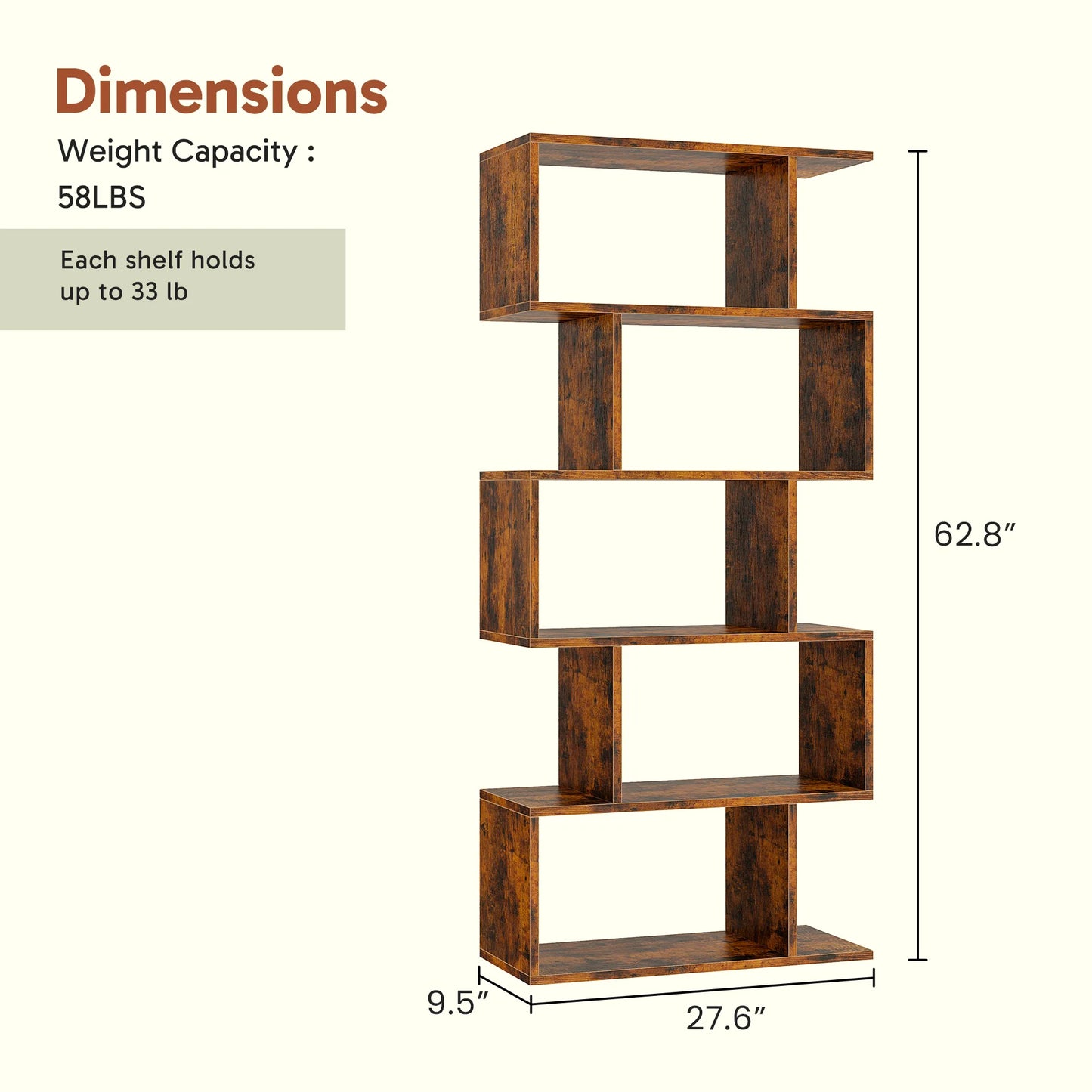 JHK 62IN Geometric Bookcase 5 Tier S-Shaped Wooden Display Bookshelf Storage Standing Shelf Stable Frame Graduated Shelves