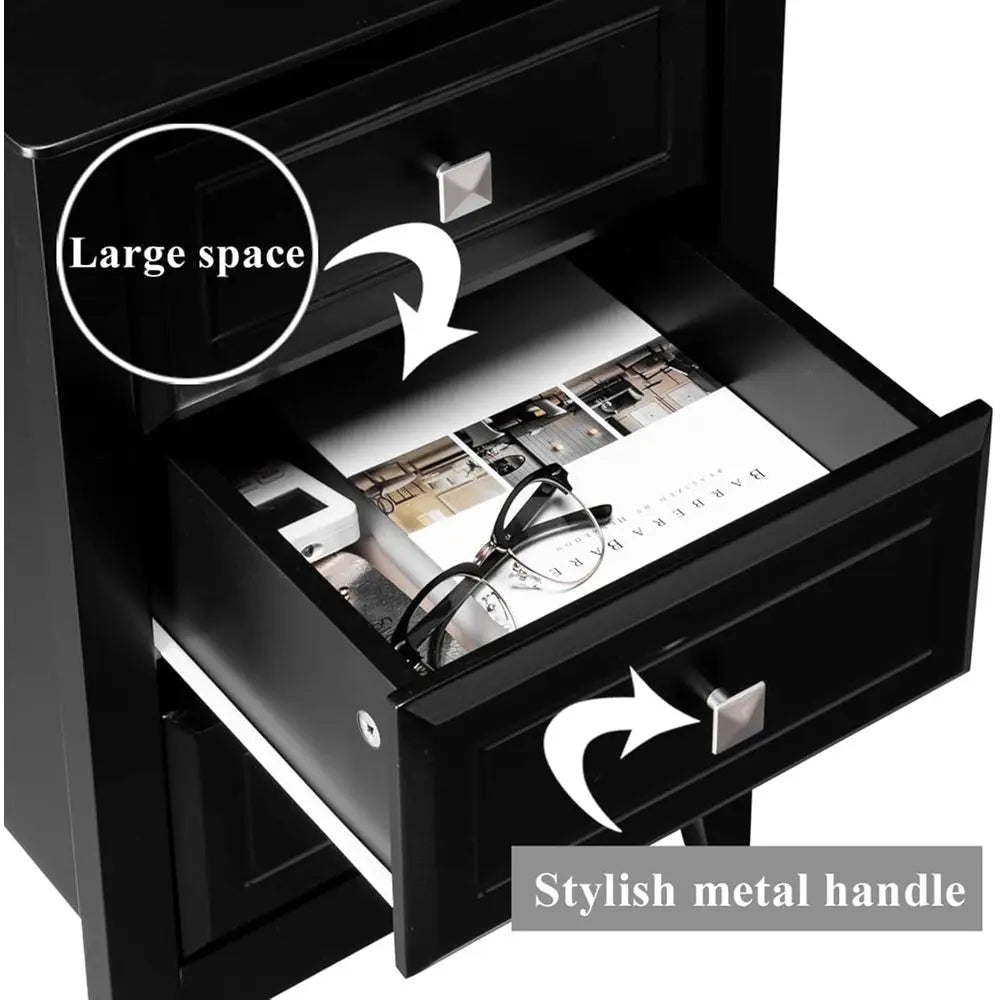 Upgraded 3 Drawers Night Stands for Bedrooms Set of 2, Wooden Black Nightstand Stylish, Modern Bed Side Table/Night Stand for Sm