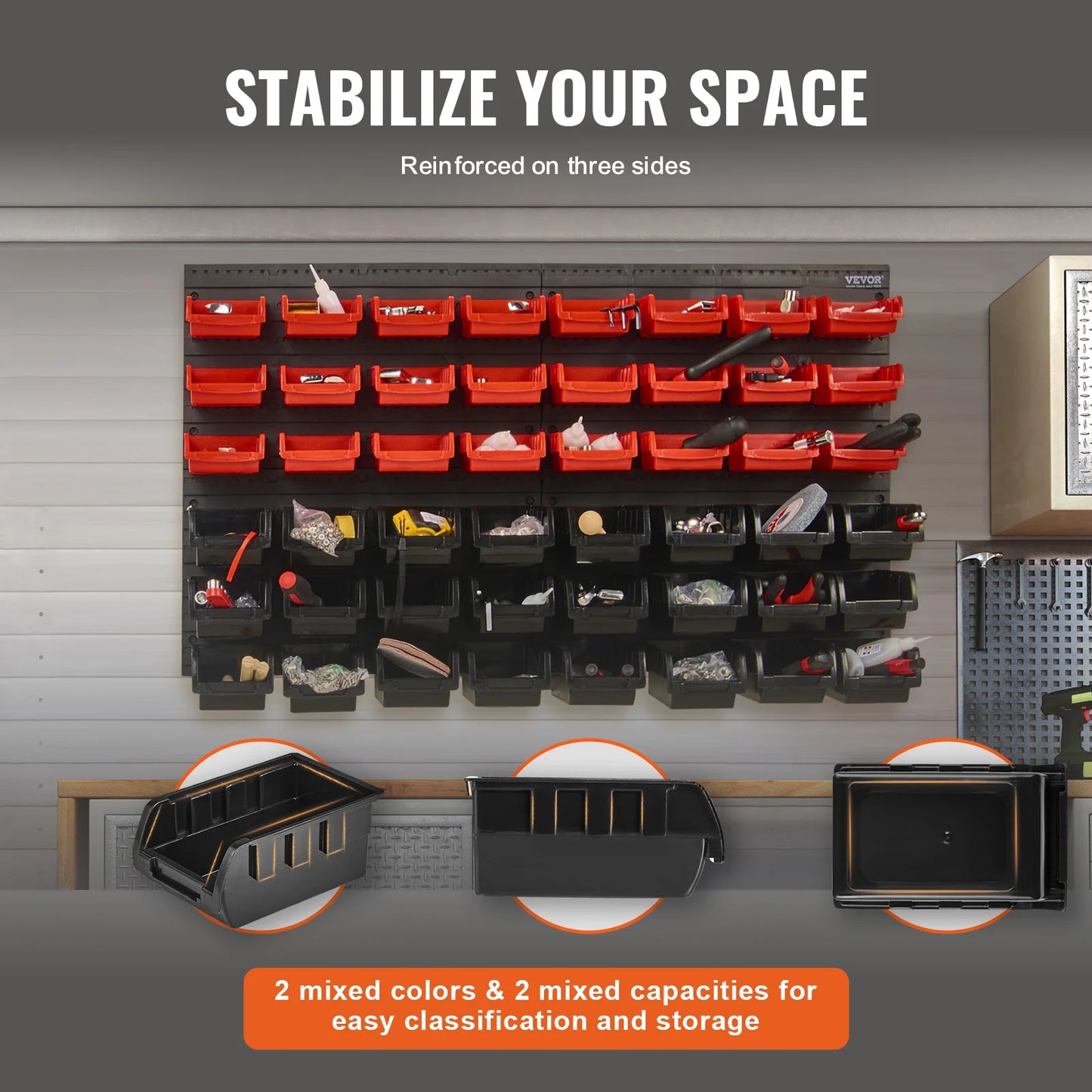 SucceBuy 48 pcs Parts Storage Bins Wall Mounted Garage Containers with Wall Panels Tool Organizer for Nuts Bolts Screws Nails