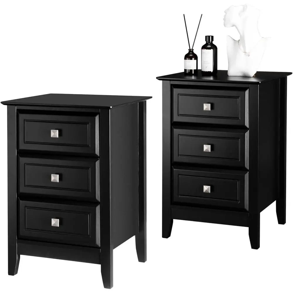 Upgraded 3 Drawers Night Stands for Bedrooms Set of 2, Wooden Black Nightstand Stylish, Modern Bed Side Table/Night Stand for Sm