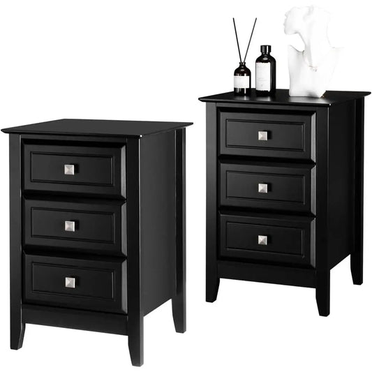 Upgraded 3 Drawers Night Stands for Bedrooms Set of 2, Wooden Black Nightstand Stylish, Modern Bed Side Table/Night Stand for Sm