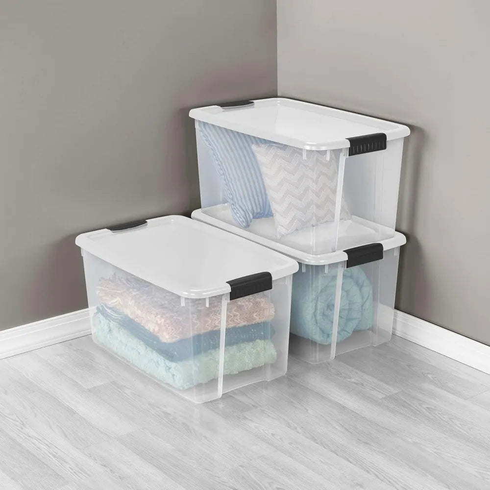 Sterilite 4 Pack Ultra Latching Box 70 Quart Clear Plastic Heavy - Duty Storage Bins with Lids for Closet Bathroom Office