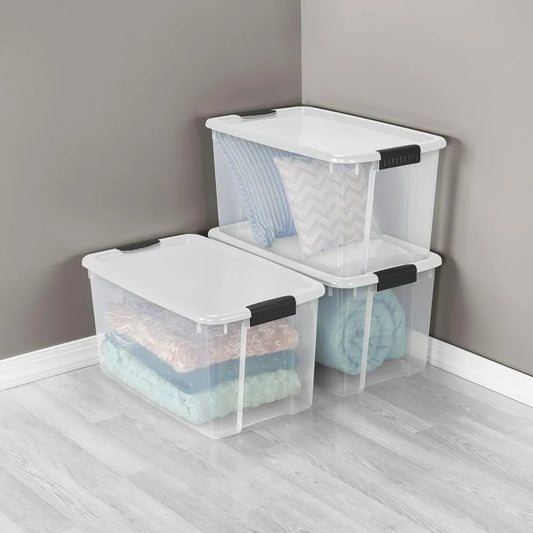 Sterilite 4 Pack Ultra Latching Box 70 Quart Clear Plastic Heavy - Duty Storage Bins with Lids for Closet Bathroom Office