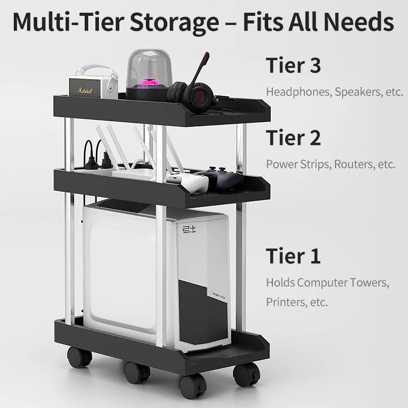 Adjustable Height Mobile CPU Stand Printer Shelf With Wheels Strong Load Capacity For Desktop Computer Tower Printer Office Use