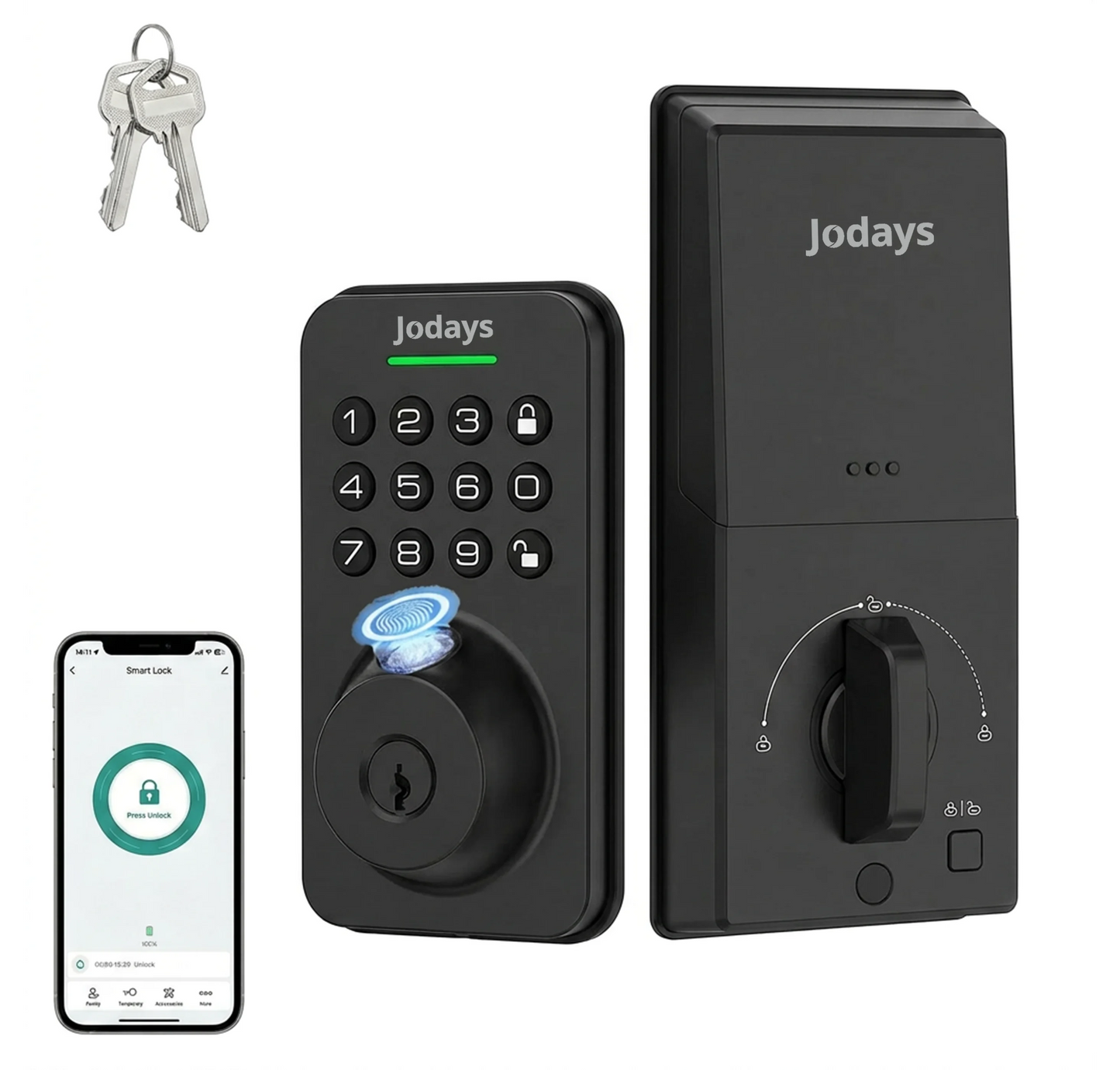 Jodays Smart Deadbolt Lock with Fingerprint & Keypad, Keyless Entry Door Lock with App Control, Temporary and One-Time Password, Auto Lock & Anti-Peep Passcode, Powered by 4pcs AA Alkaline Batteries (No Included), Easy Instal