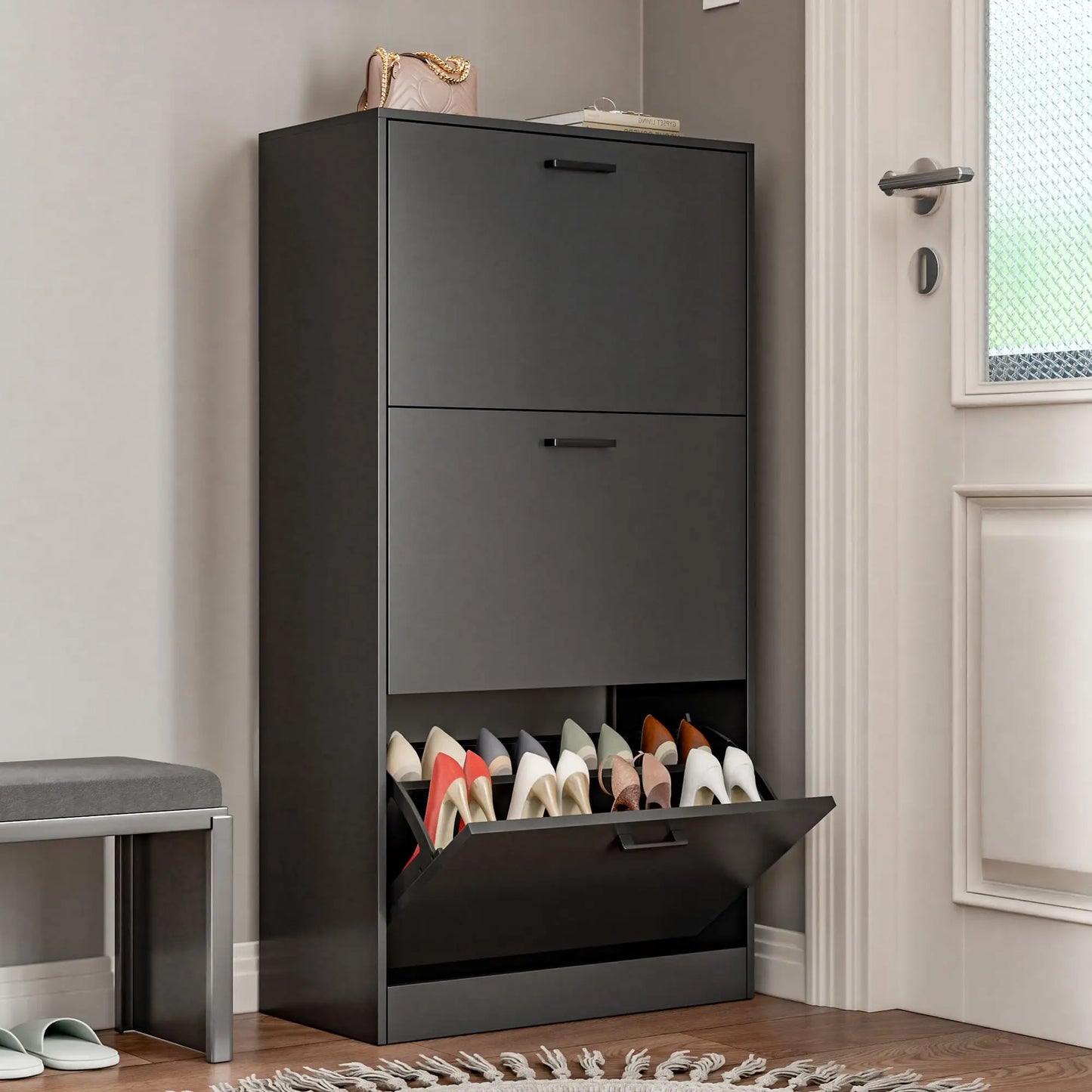 Shoe Cabinet with 2 or 3 Flip Drawers, Hidden Slim Freestanding Shoe Storage Cabinet, Narrow Freestanding Shoe Organizer