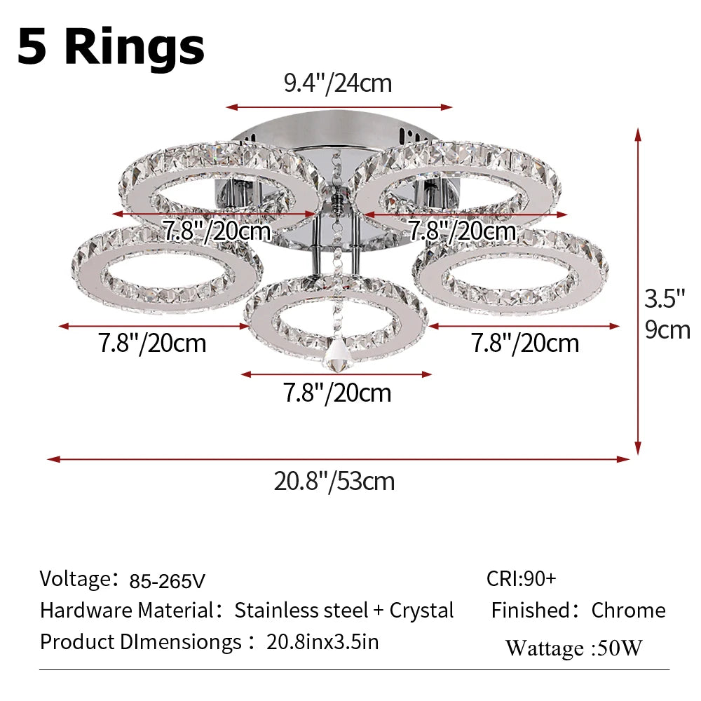 Modern Crystal Chandelier with App Dimmable Ceiling Light Fixture Rings Shape Flush Mount Chandelier for Bedroom Living Room