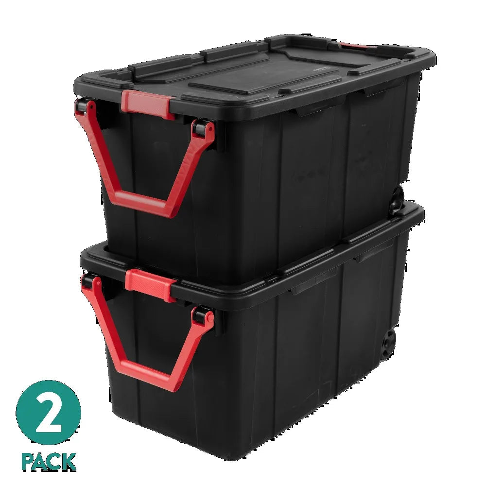 Sterilite Extra Large Storage Bin, 40 Gallon Wheeled Plastic Storage Container with Handle, Black, Pack of 2, Industrial