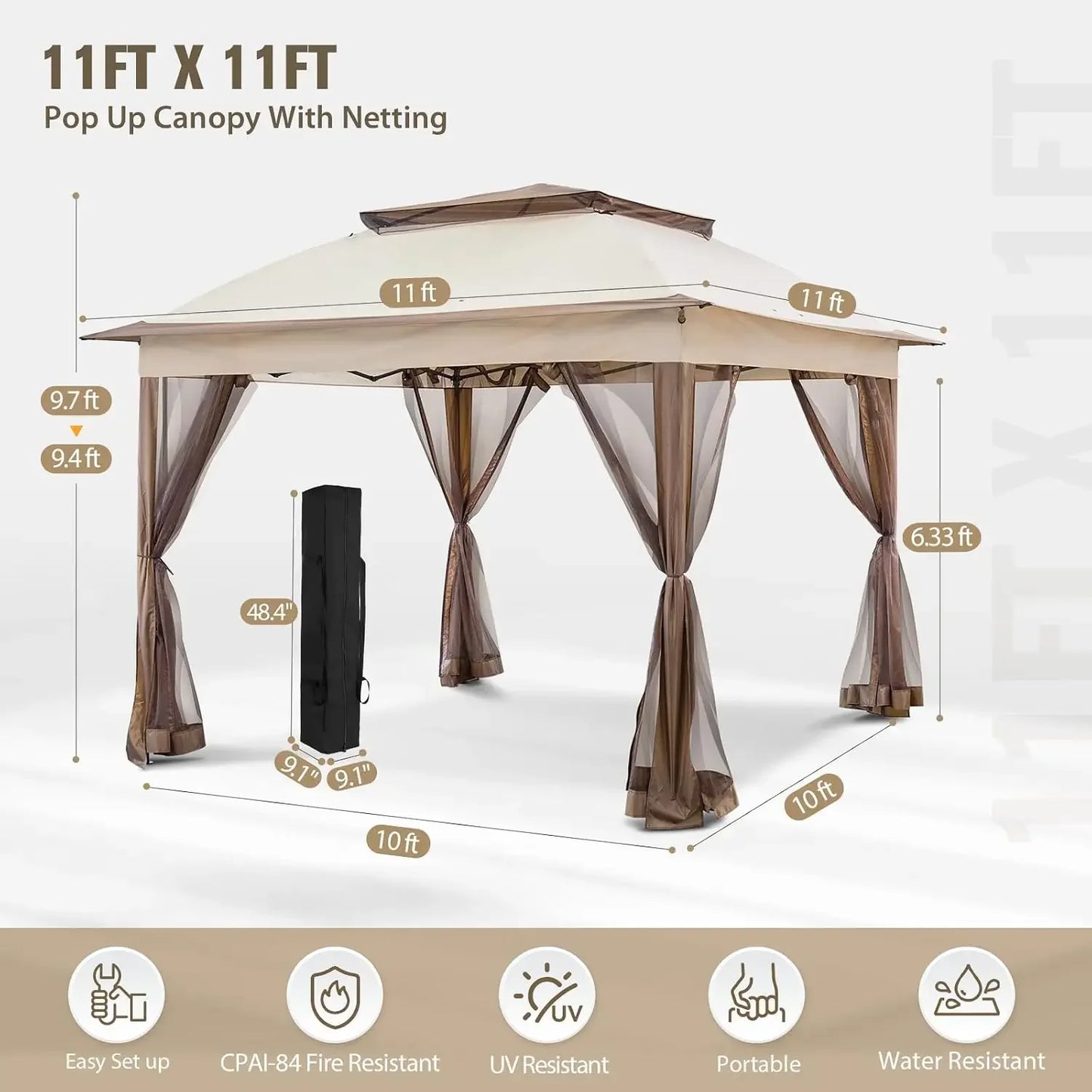 11x11 Pop Up Gazebo with Netting, Outdoor Gazebo, Beige | Easy Up Outdoor Canopy Tent for Backyard, Patio Furniture & Deck