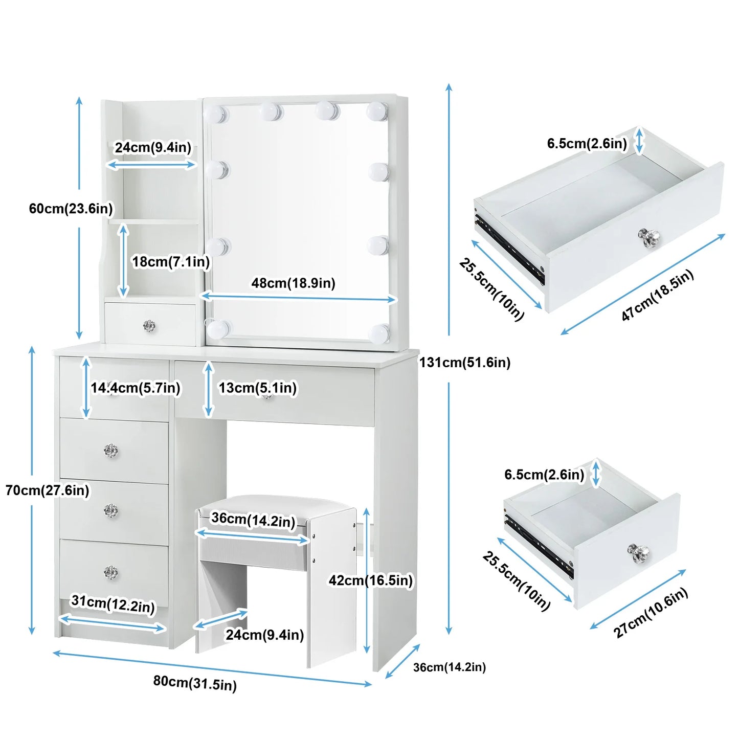 Teousev White LED Makeup Vanity Set with Sliding Mirror, 3-Color Dimmable Lights, 6 Drawers & Stool, Modern Dressing Table