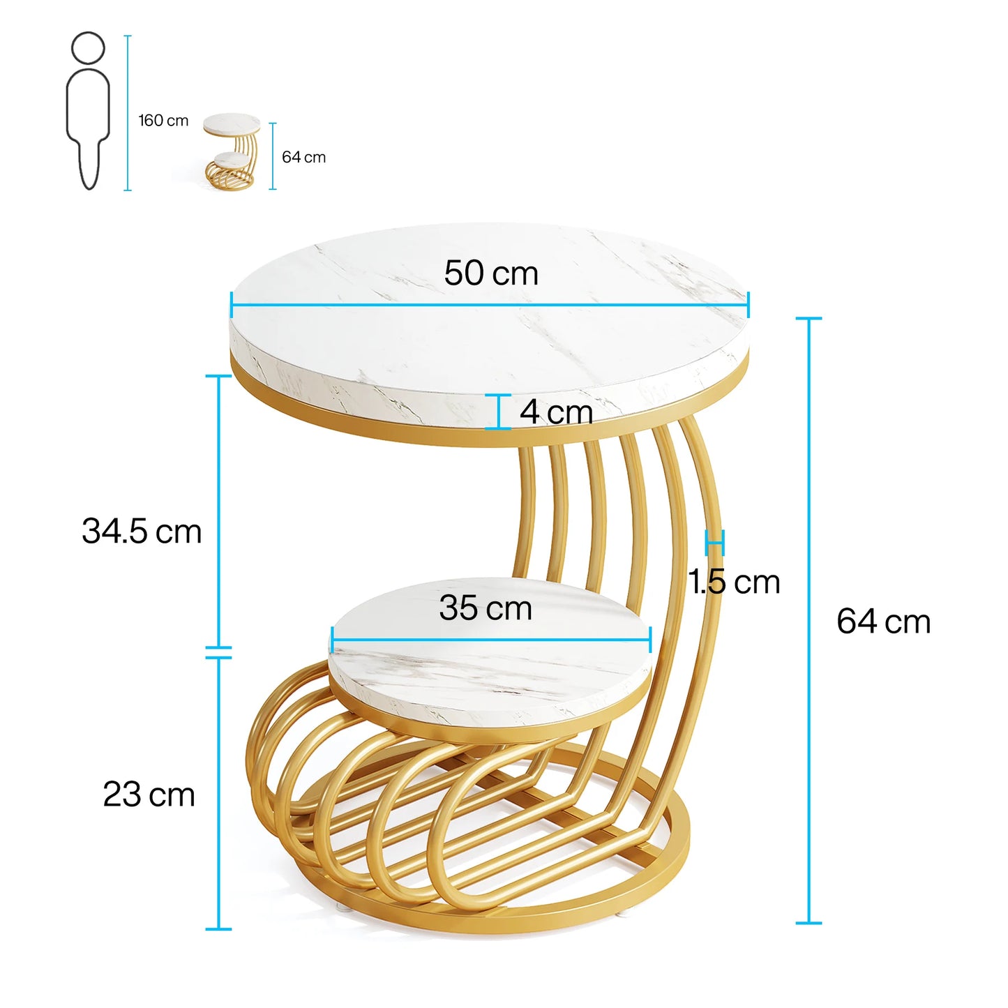 Tribesigns 2-Tier Faux Marble Round End Table Gold Frame Storage Shelf Modern White Gold Sofa Side Table Bedside Nightstand