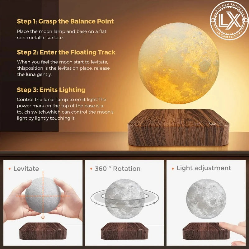 Levitating Moon Magnetic Floating Night Light, 3 Colors Temperature, Creative Table 3D LED Lamp with Wooden Base for Gift Office