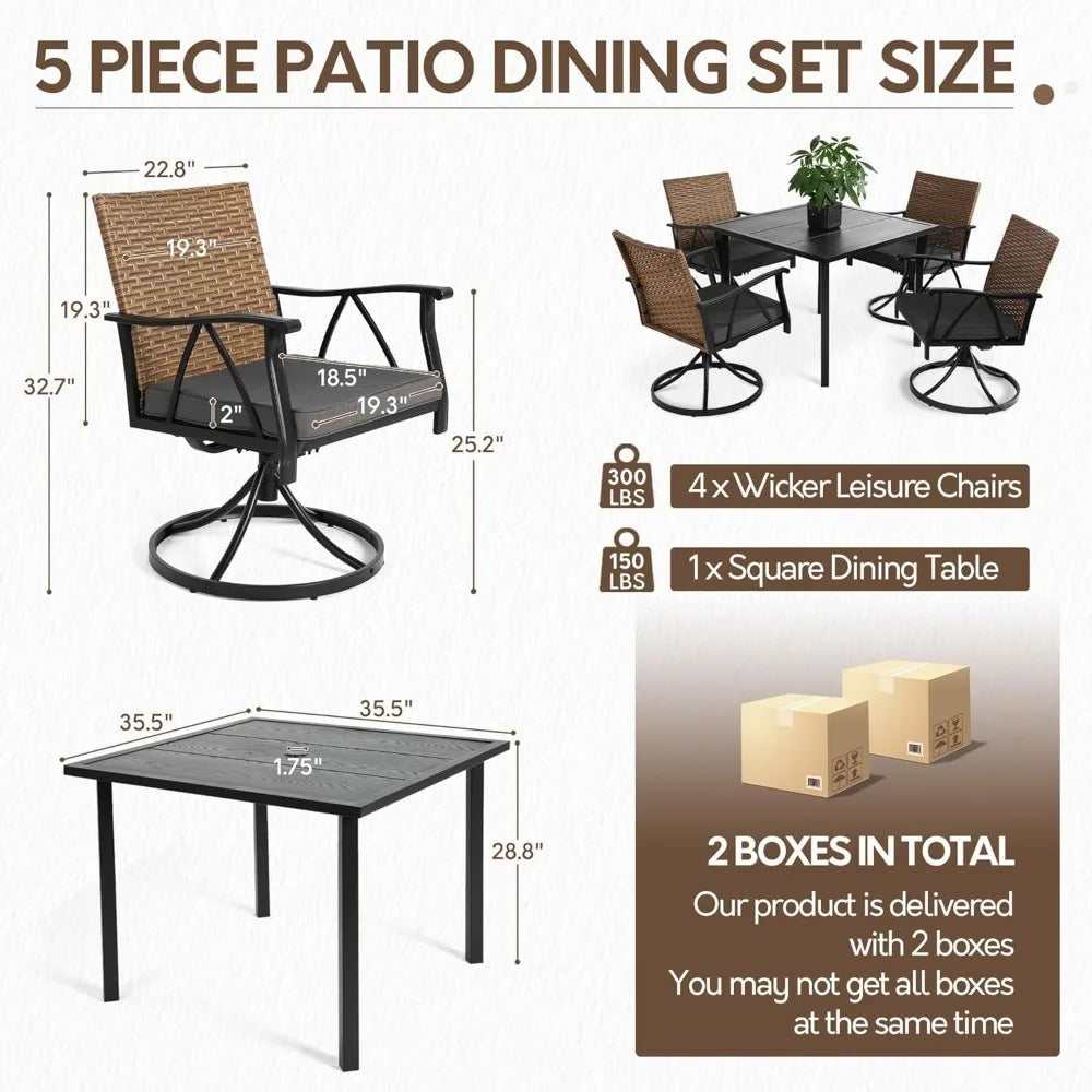 5-Piece Patio Dining Set for 4，Outdoor Dining Set with Wicker Swivel Patio Dining Chairs with Cushions & 1 Black, Customized