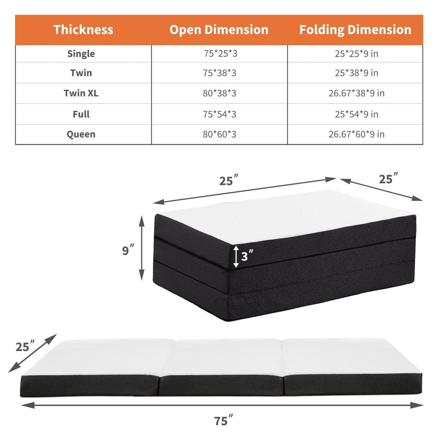 JHK Tri-Fold Memory Foam Mattress with Collapsible and Washable Cover Portable Floor Bed with CertiPUR-US Certified for Travel