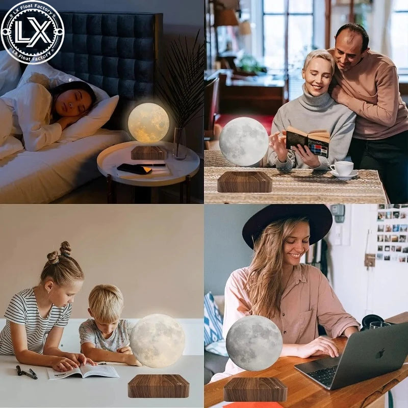 Levitating Moon Magnetic Floating Night Light, 3 Colors Temperature, Creative Table 3D LED Lamp with Wooden Base for Gift Office