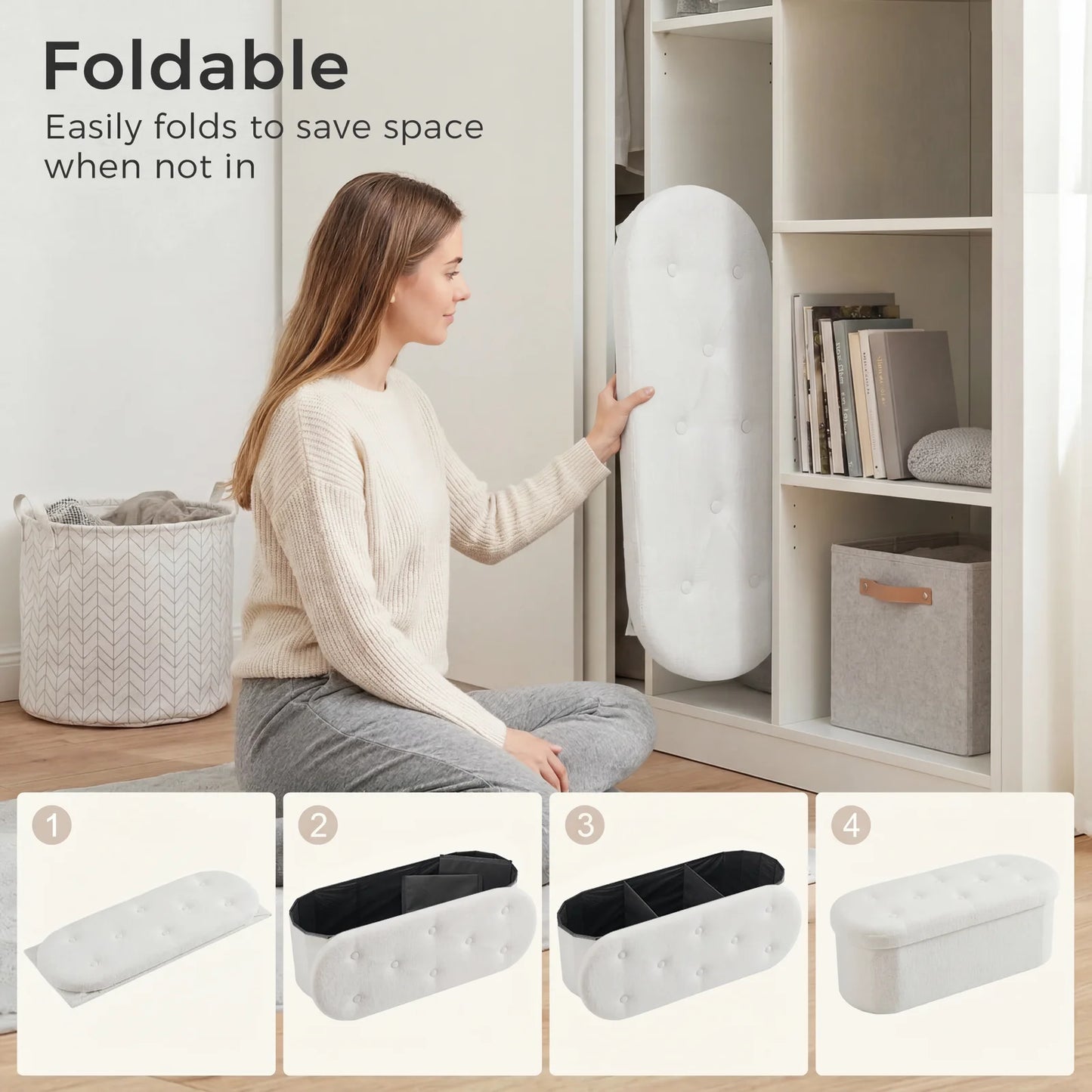 MCQ 30IN to 43IN Faux Fur Ottoman Foot Rest Stool with Storage Makeup Cute Soft Small Footstool Oval Round Folding Storage Chest for Bedroom