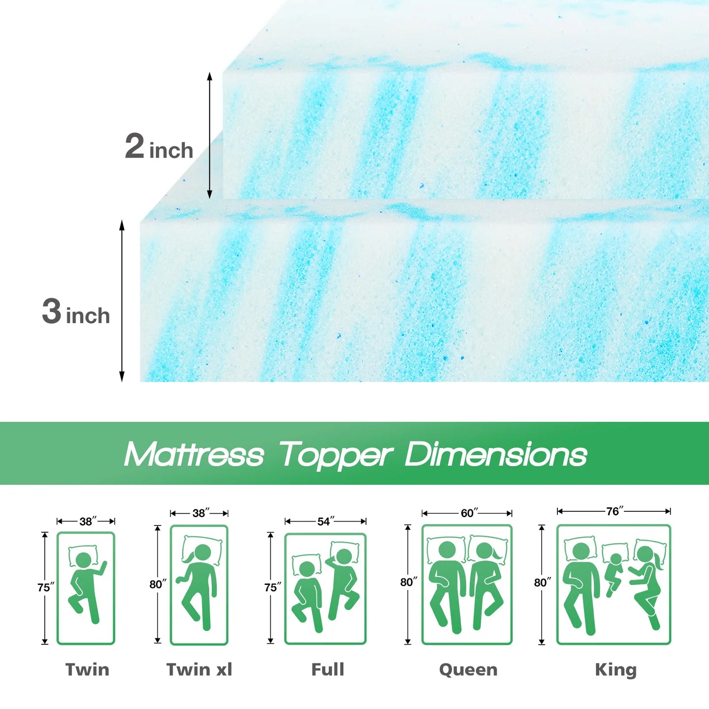 JHK 2-3 Inch Memory Foam Mattress Topper Queen Size Thick Gel  Cooling Mattress Soft and Breathable Bed Topper Bedroom Furniture