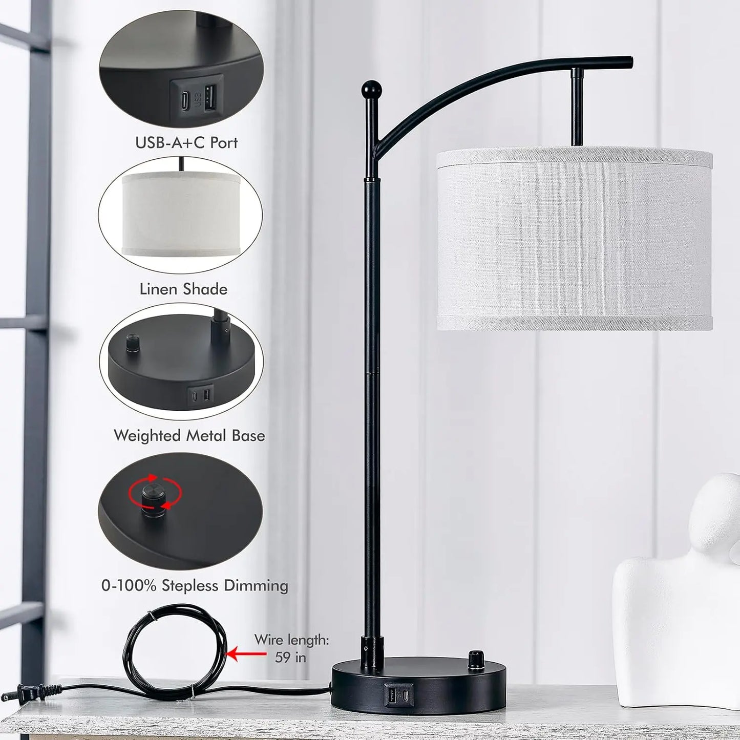 23.5" Table Lamps Set of 2 with USB C+A Ports, Dimmable LED Bulbs for Living Room Bedroom Nightstand