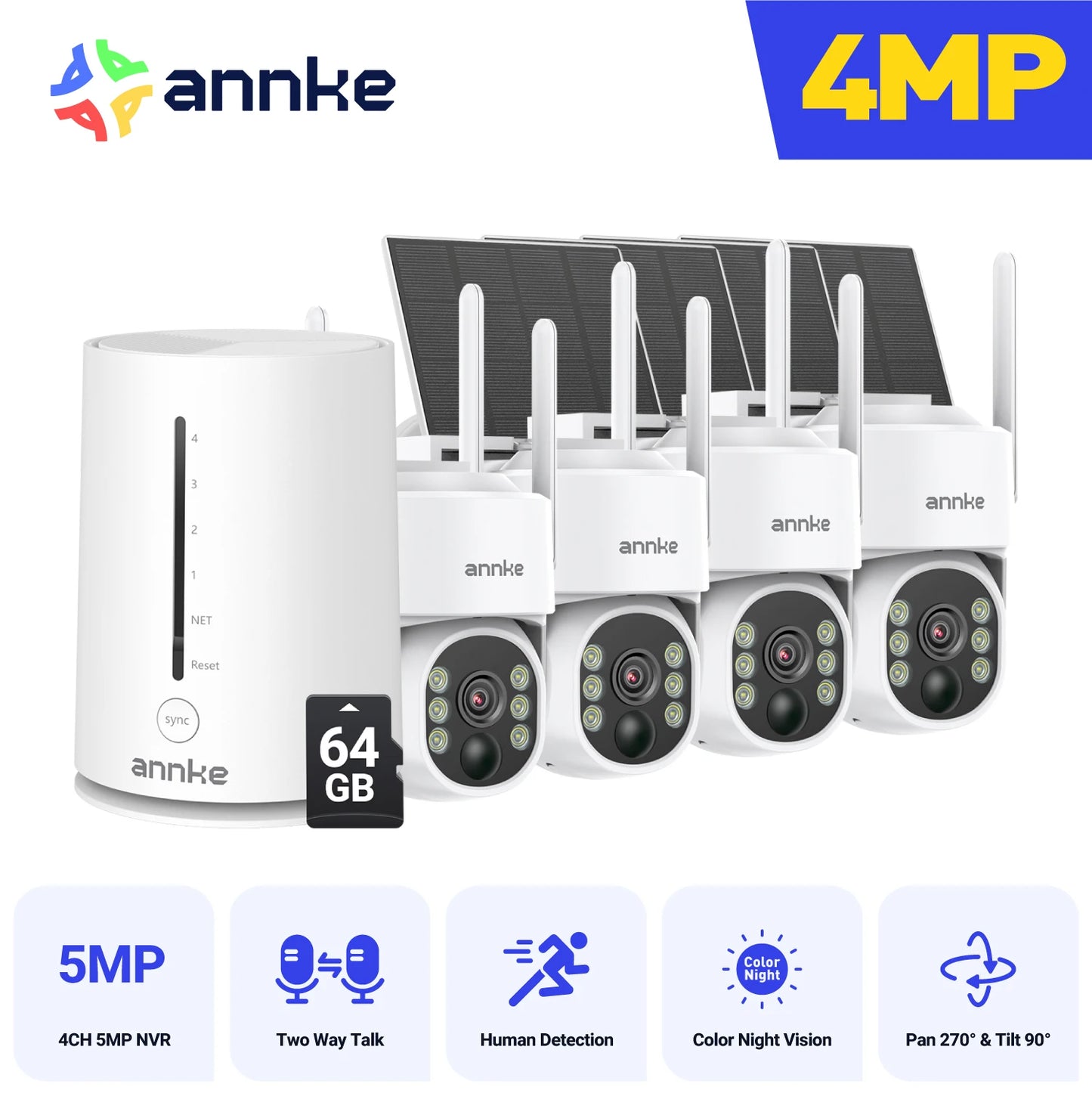 ANNKE 4MP Battery WiFi Security Camera PT Auto Tracking Color Night Vision Wireless IP Camera 4CH Security System