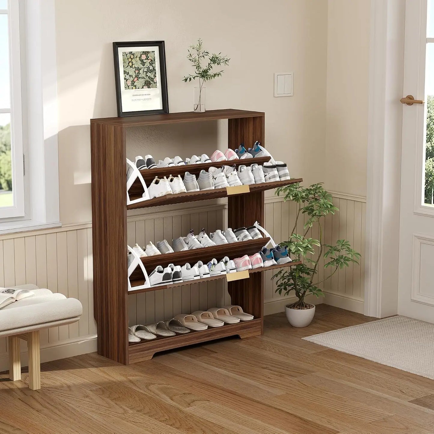 Shoe Storage Cabinet with 2 Flip Drawers,Slim Fluted Shoe Rack Cabinet with Open Storage,Wooden Hidden Shoe Rack Freestanding Narrow Shoes Organizer for Hallway, Entrance,Foyer