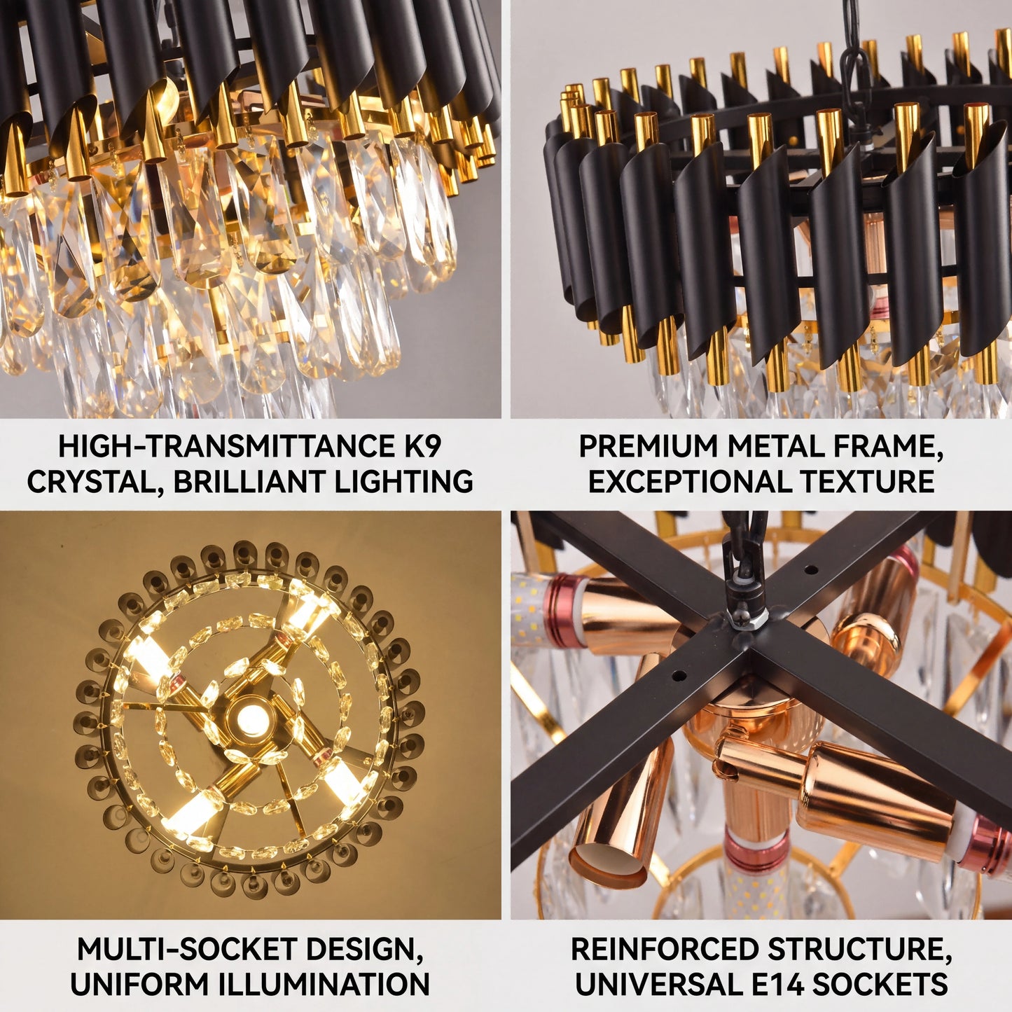 Modern Black and Gold Crystal Chandelier, Adjustable Chain Hanging Ceiling Light Fixture - Dining Room/Living Room/Bedroom/Foyer
