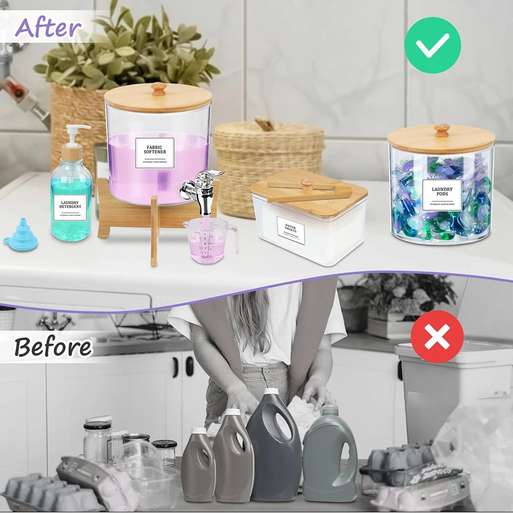 Laundry Pods Storage Container with Labels, Clear Acrylic Laundry Detergent Dispenser, Bathroom Laundry Powder Storage Box