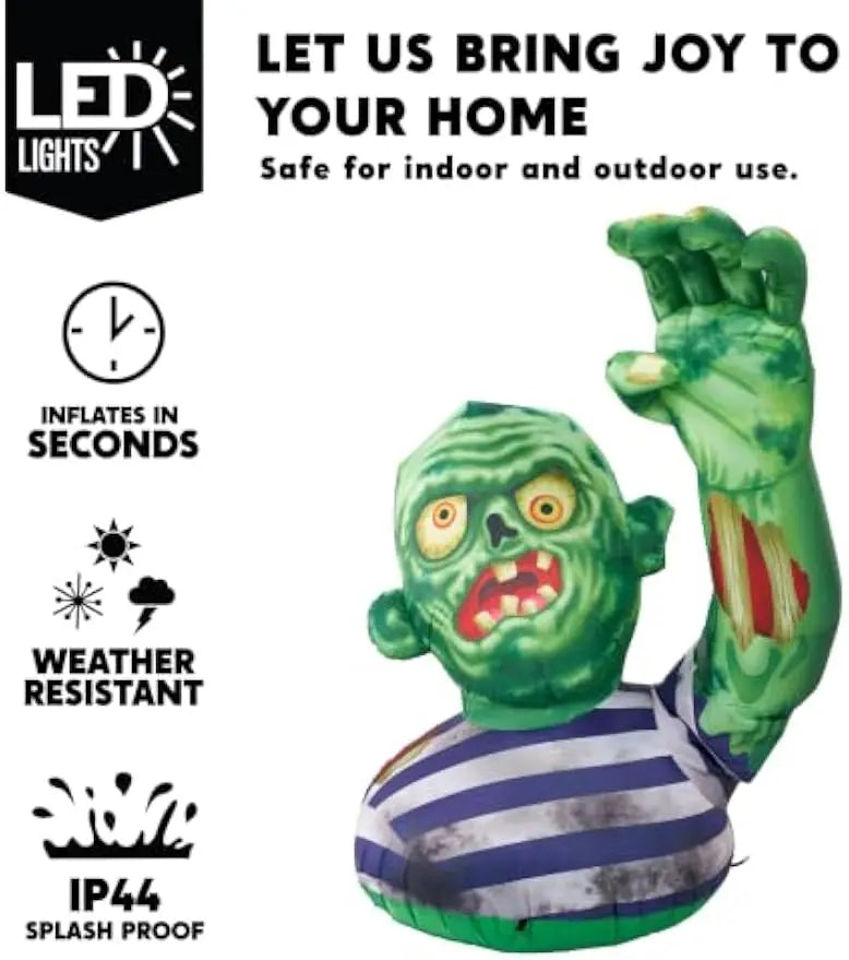 5.5FT Halloween Inflatable Zombie Decoration with Waving Raised Hand & Built-in LED Lights, Blow Up Zombie for Outdoor Yard Lawn Garden Indoor Porch Patio Home, Spooky Halloween Inflatable Decor