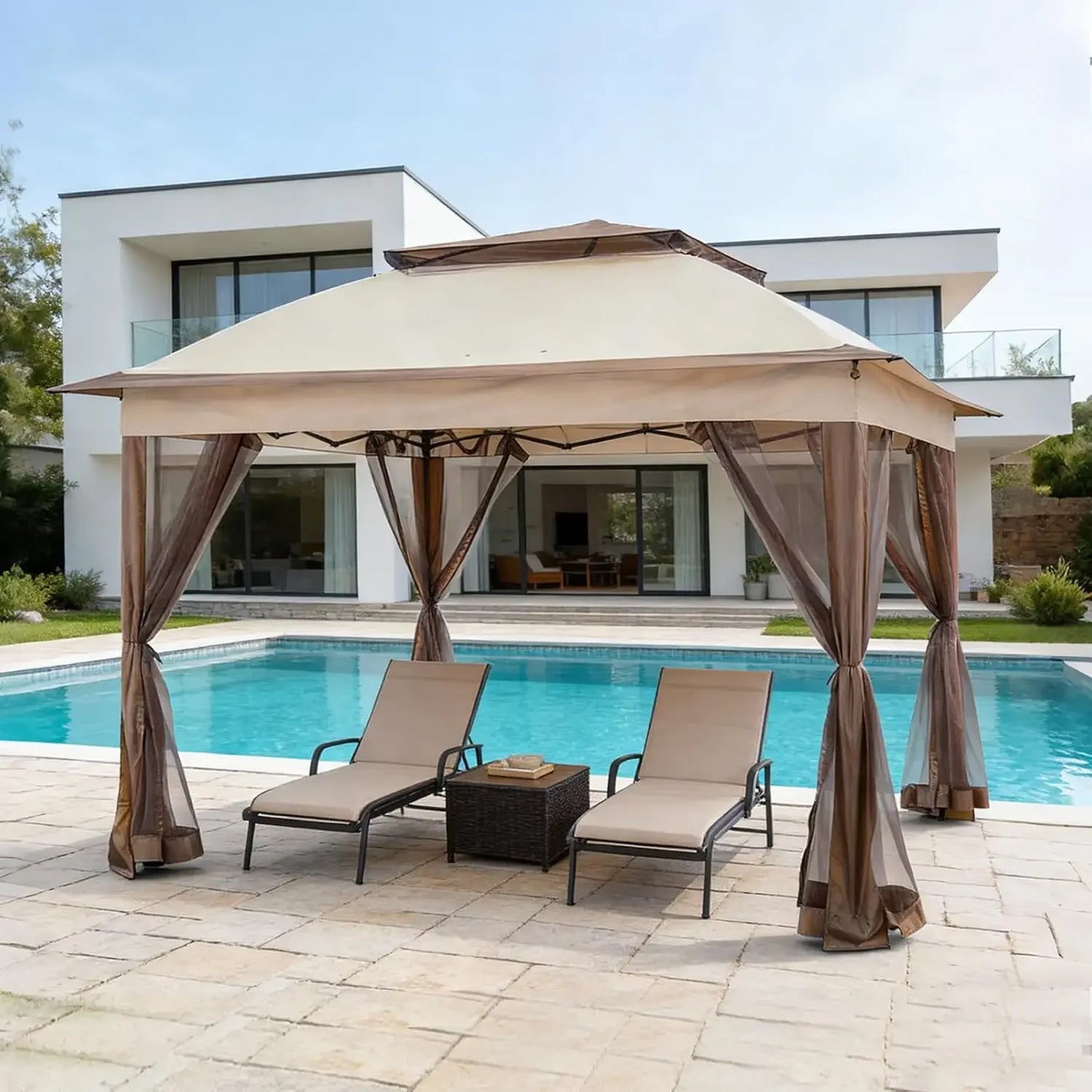 11x11 Pop Up Gazebo with Netting, Outdoor Gazebo, Beige | Easy Up Outdoor Canopy Tent for Backyard, Patio Furniture & Deck