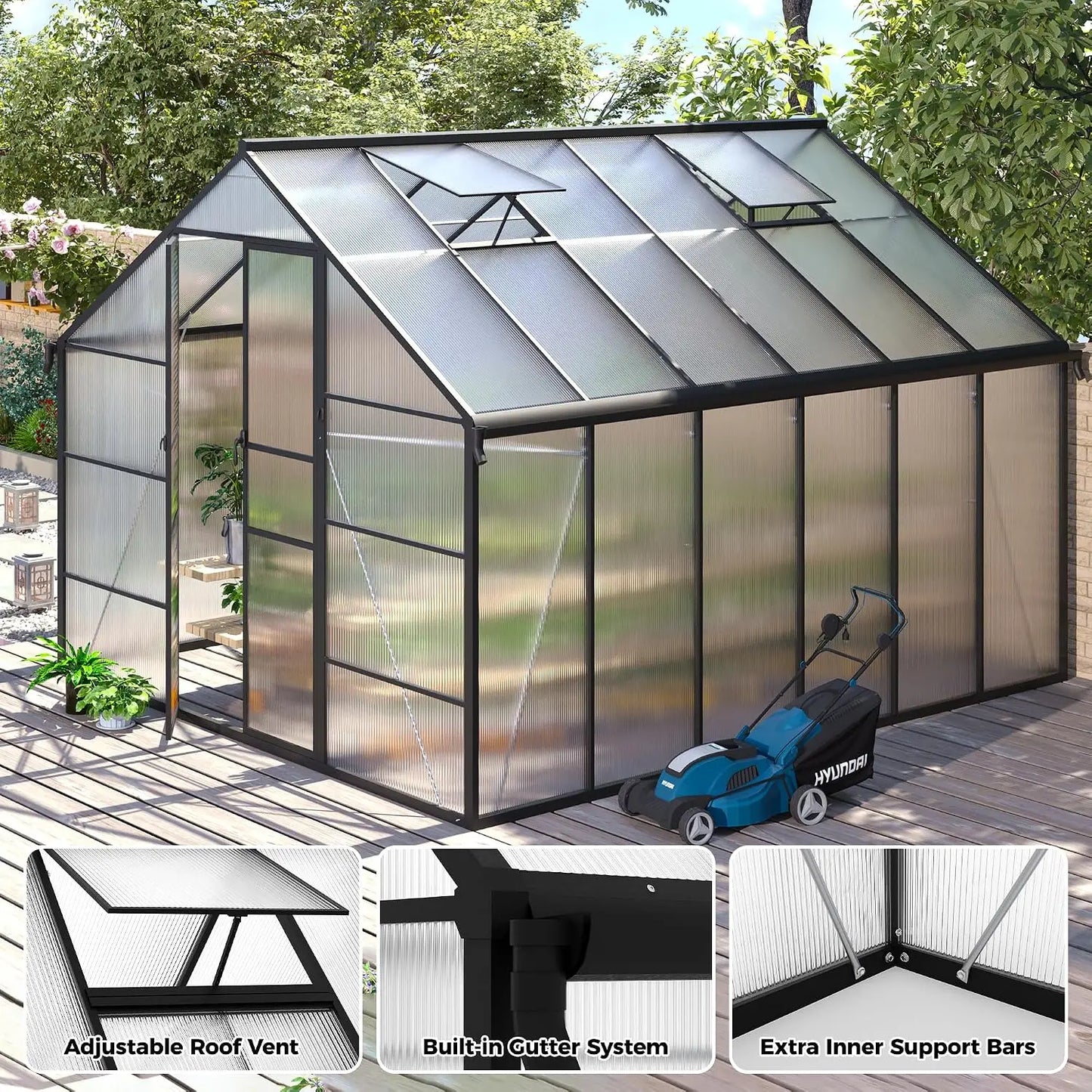 10x12 FT Greenhouse for Outdoors, Polycarbonate Greenhouse with Roof Vent, Enhanced Aluminum Large Walk-in Green House, Custom