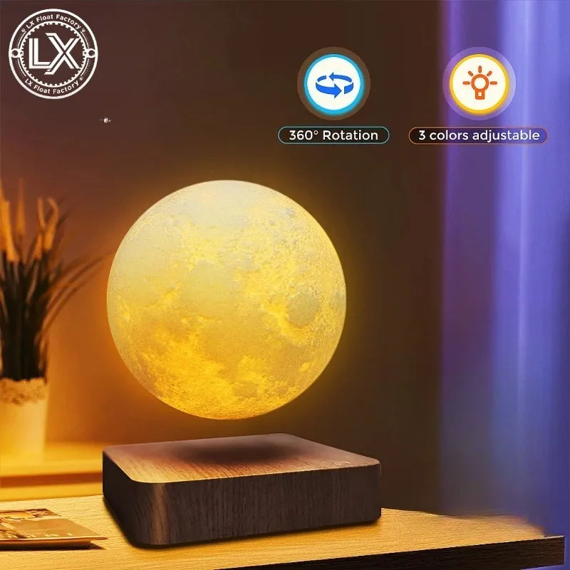 Levitating Moon Magnetic Floating Night Light, 3 Colors Temperature, Creative Table 3D LED Lamp with Wooden Base for Gift Office