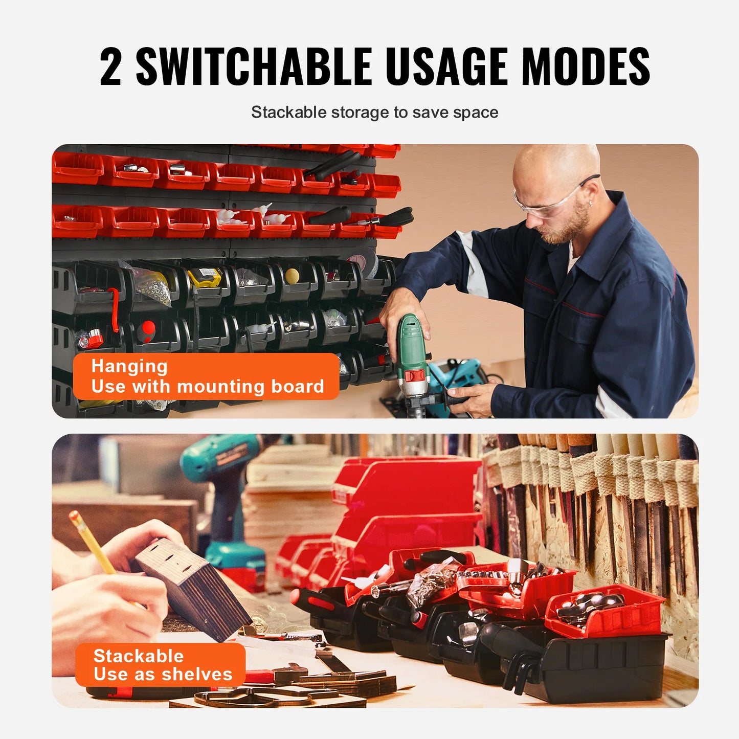 SucceBuy 48 pcs Parts Storage Bins Wall Mounted Garage Containers with Wall Panels Tool Organizer for Nuts Bolts Screws Nails