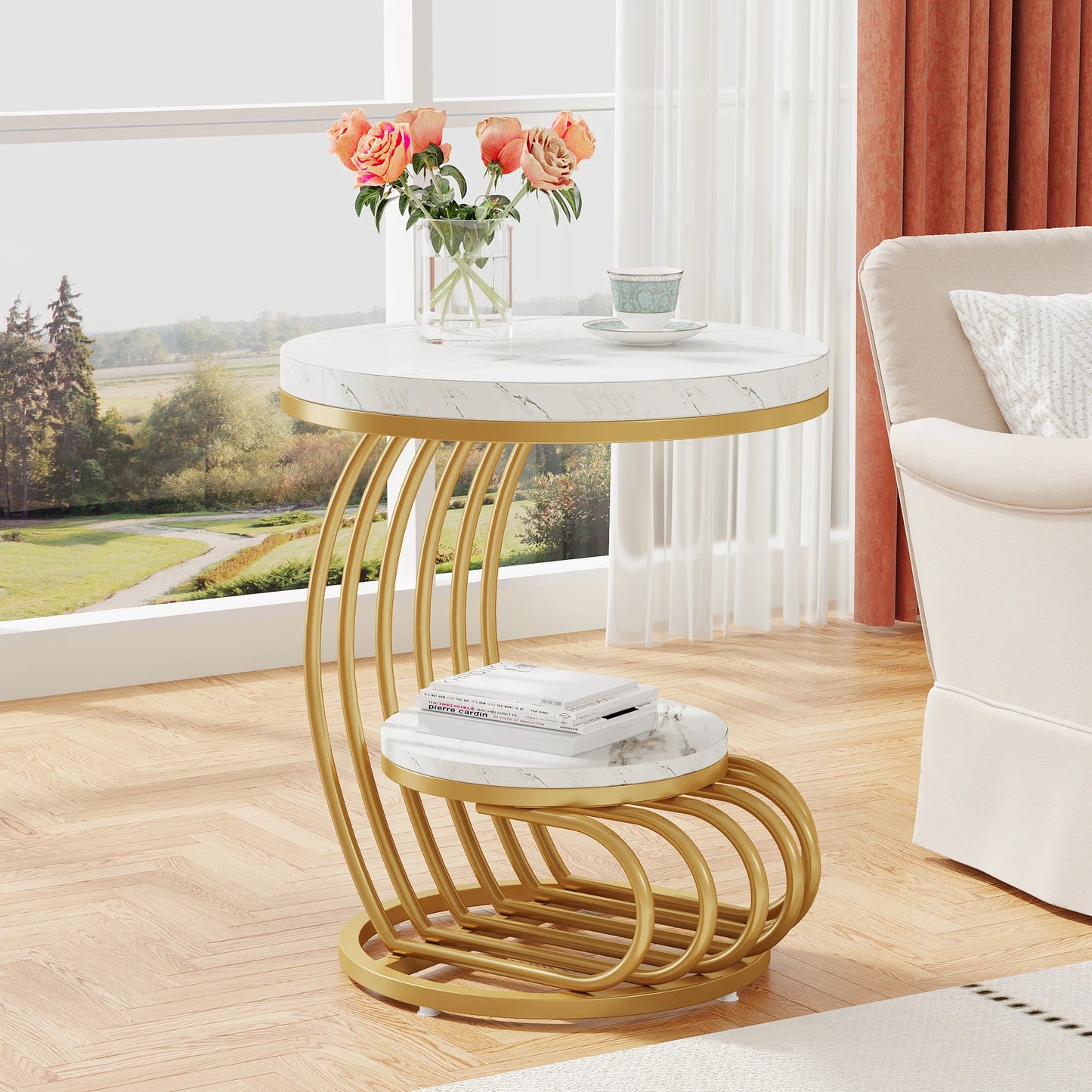 Tribesigns 2-Tier Faux Marble Round End Table Gold Frame Storage Shelf Modern White Gold Sofa Side Table Bedside Nightstand