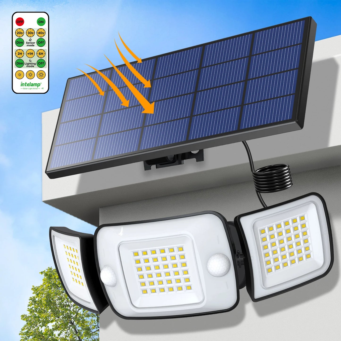Intelamp Long-Lasting 6000mAh Outdoor Solar LED Light With Large Solar Panel Two Sensors 2.7M Cable Wall Lamp Garden Street