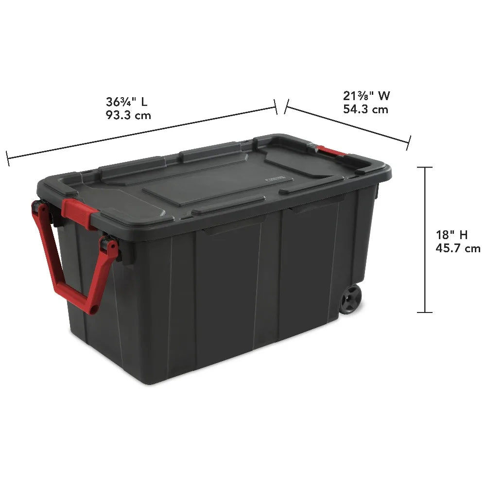 Sterilite Extra Large Storage Bin, 40 Gallon Wheeled Plastic Storage Container with Handle, Black, Pack of 2, Industrial