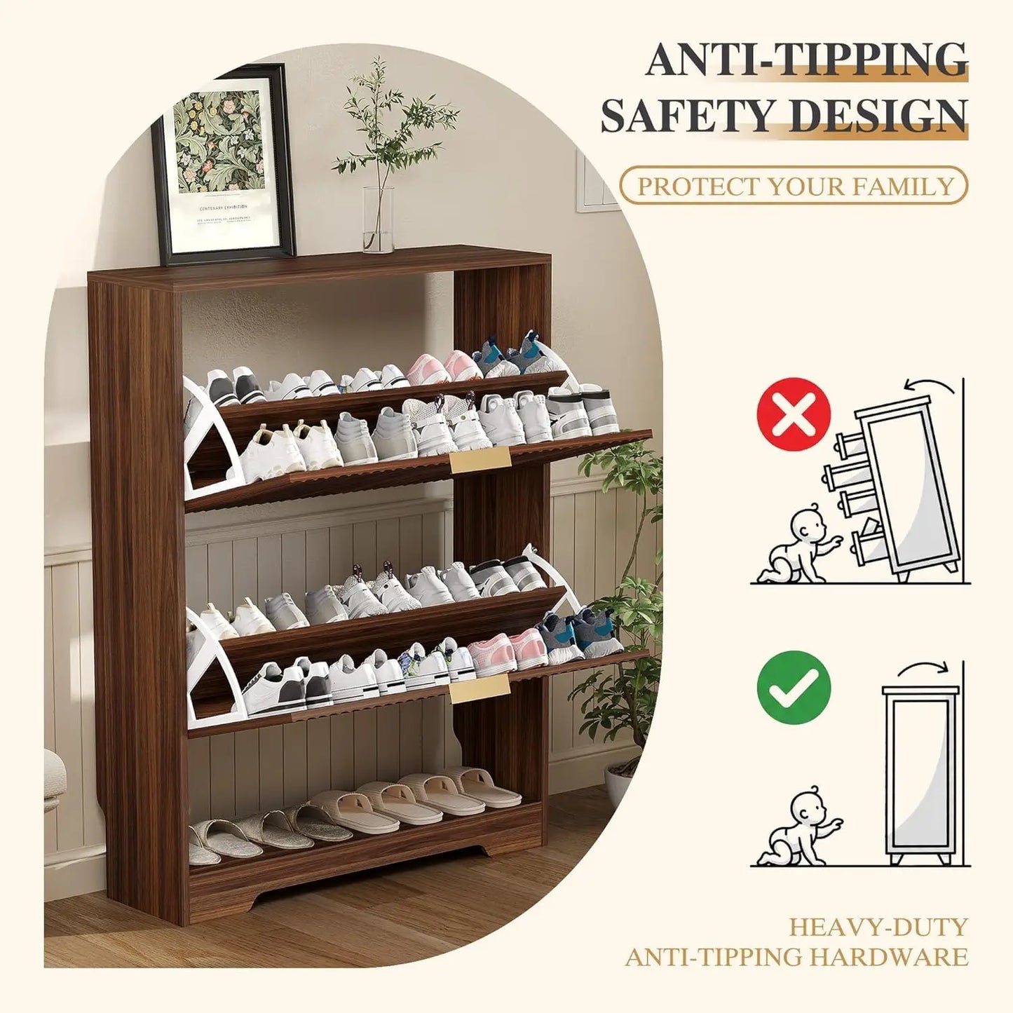 Shoe Storage Cabinet with 2 Flip Drawers,Slim Fluted Shoe Rack Cabinet with Open Storage,Wooden Hidden Shoe Rack Freestanding Narrow Shoes Organizer for Hallway, Entrance,Foyer