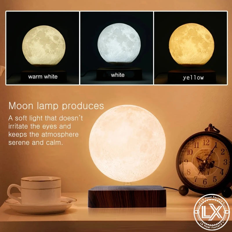 Levitating Moon Magnetic Floating Night Light, 3 Colors Temperature, Creative Table 3D LED Lamp with Wooden Base for Gift Office