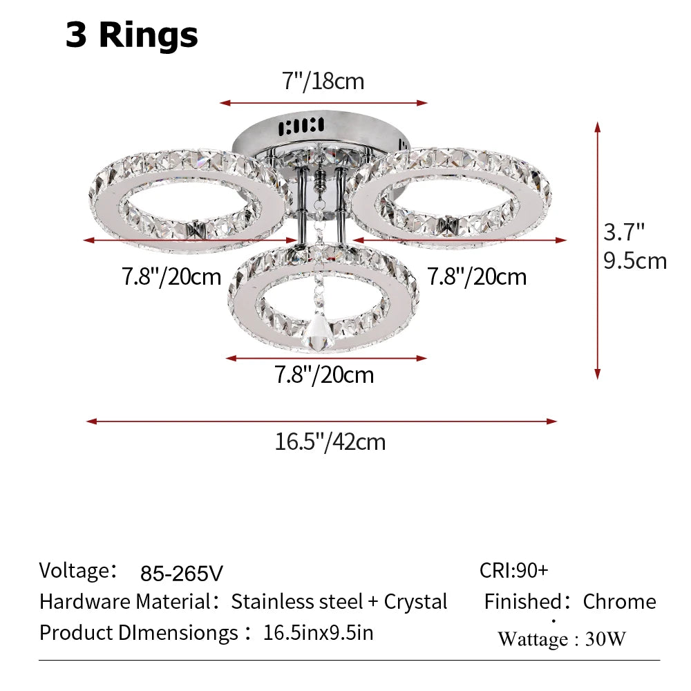Modern Crystal Chandelier with App Dimmable Ceiling Light Fixture Rings Shape Flush Mount Chandelier for Bedroom Living Room