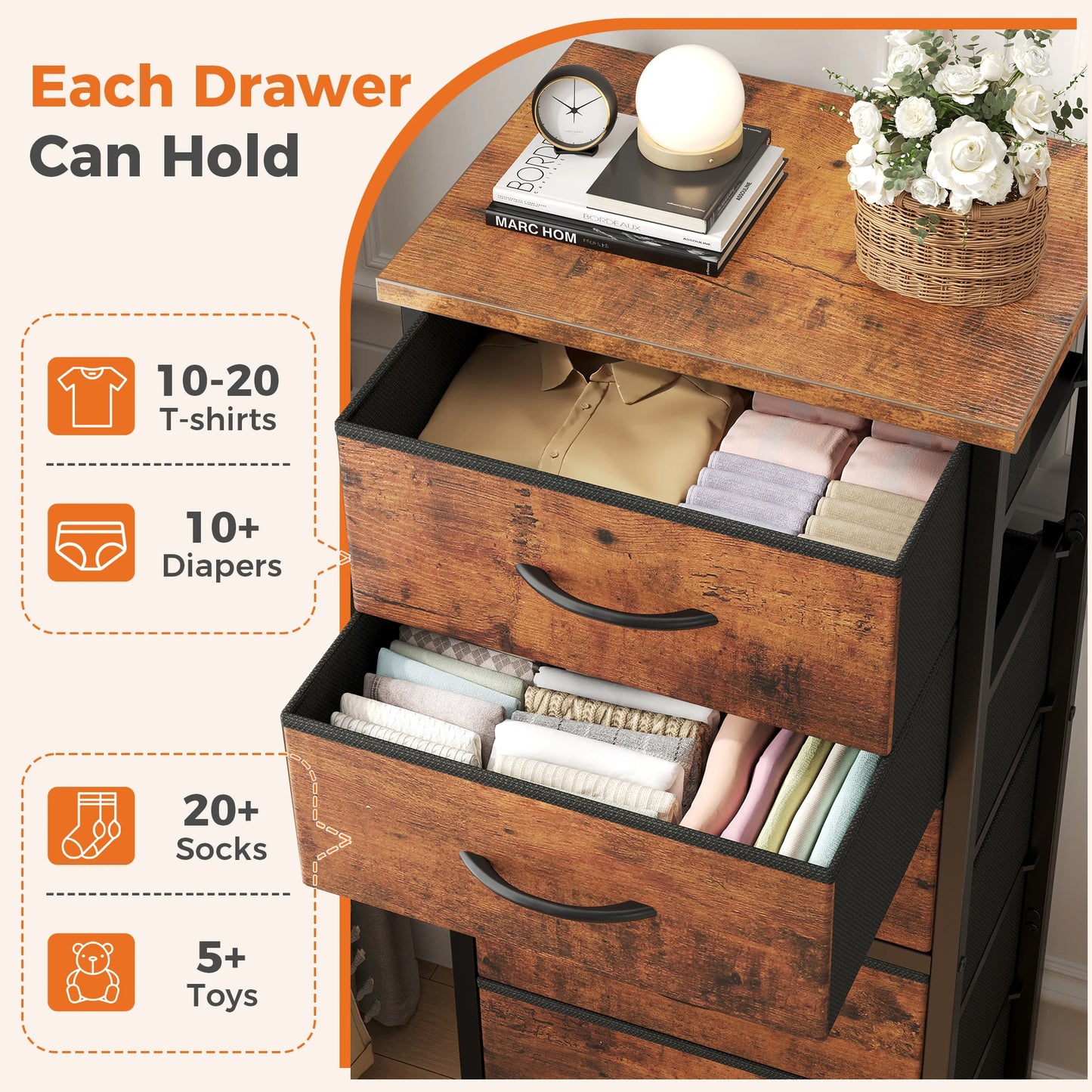 JHK Tall 6 Fabric Drawer Dresser  for Bedroom Wood Top and Metal Frame Skinny Chest of Drawers Narrow Storage Tower with Organization Furniture