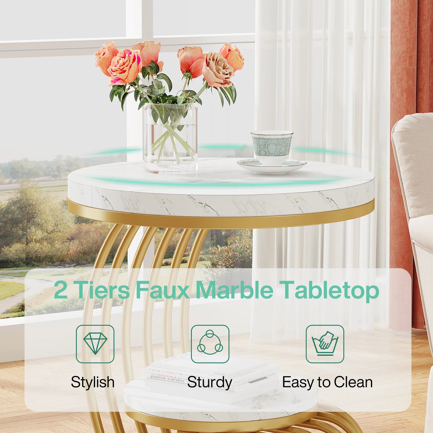 Tribesigns 2-Tier Faux Marble Round End Table Gold Frame Storage Shelf Modern White Gold Sofa Side Table Bedside Nightstand