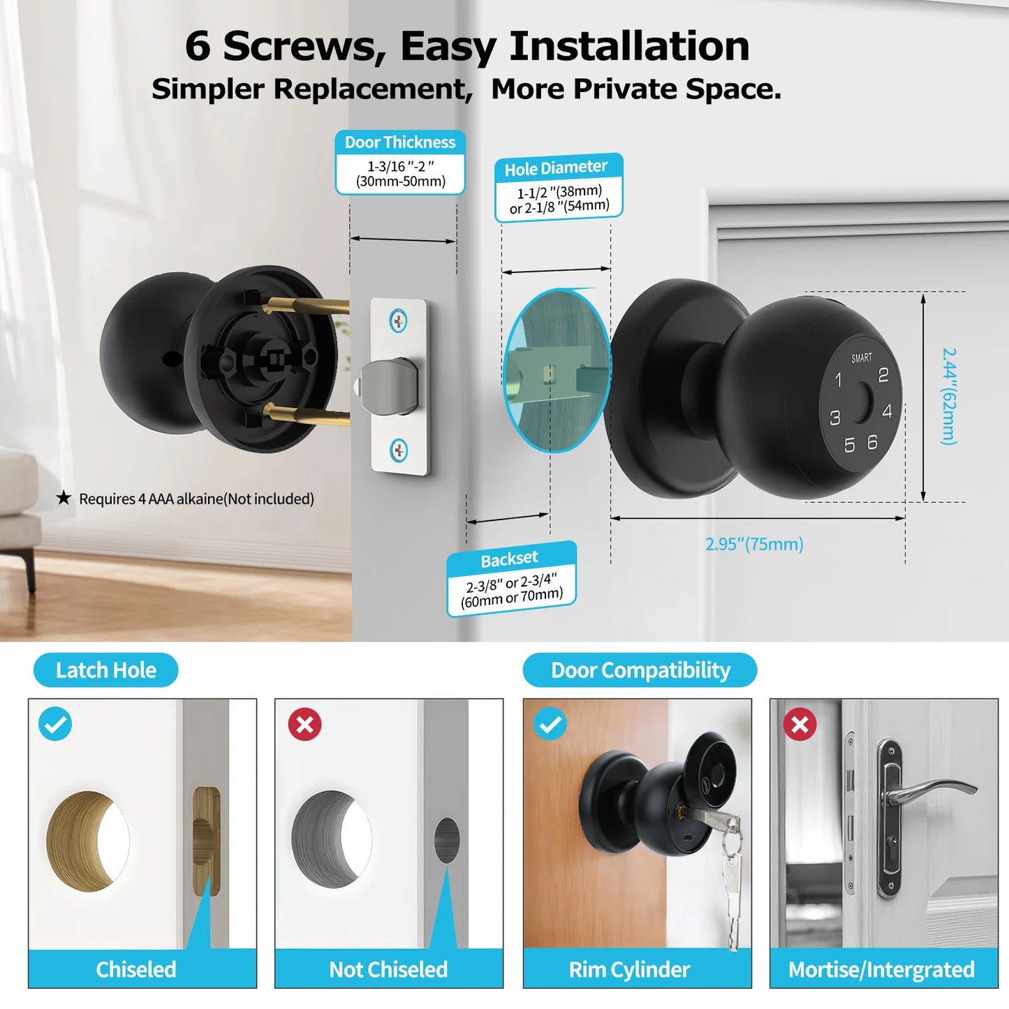 Viladepot Smart Lock Fingerprint, Passcode, App Control, Type-C Emergency Power, Indoor Door Lock