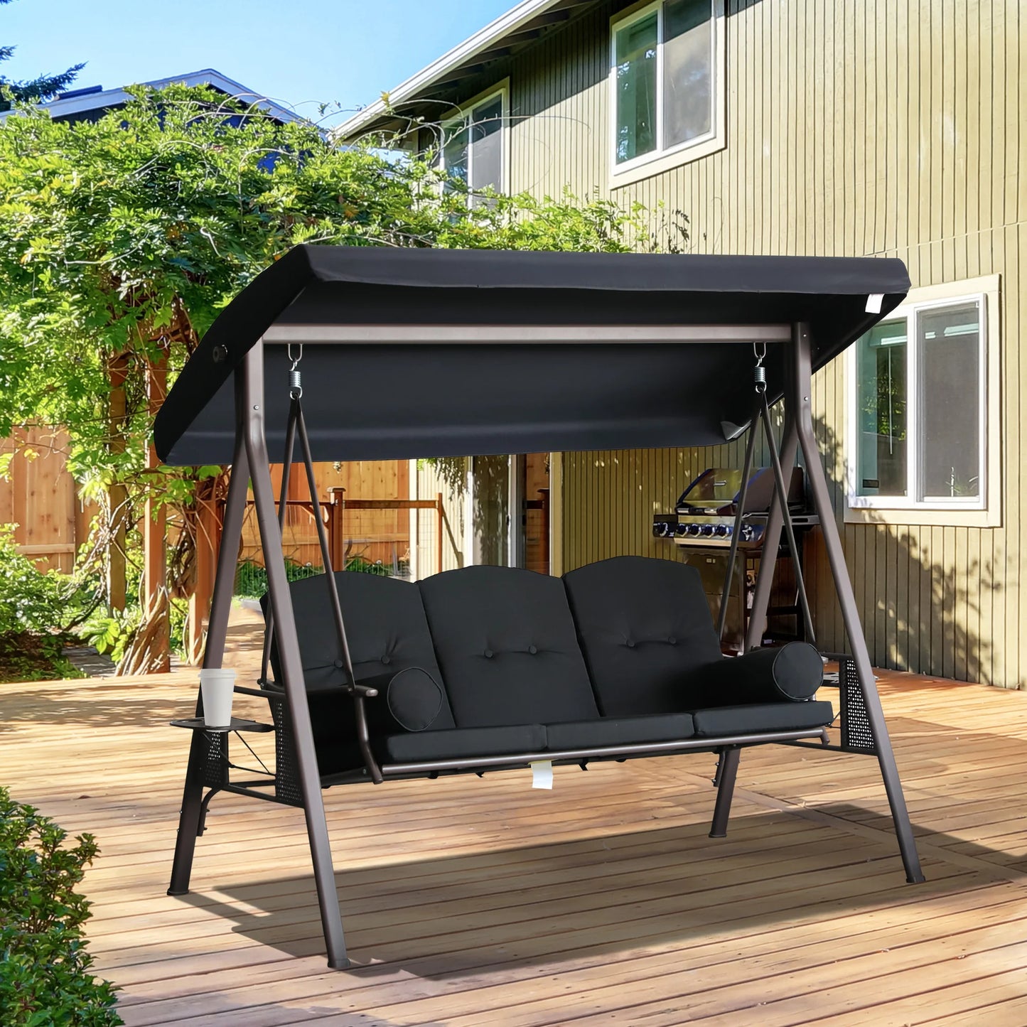 3-Person Outdoor Canopy Patio Cushioned Bench Patio Glider Swing Seat Steel