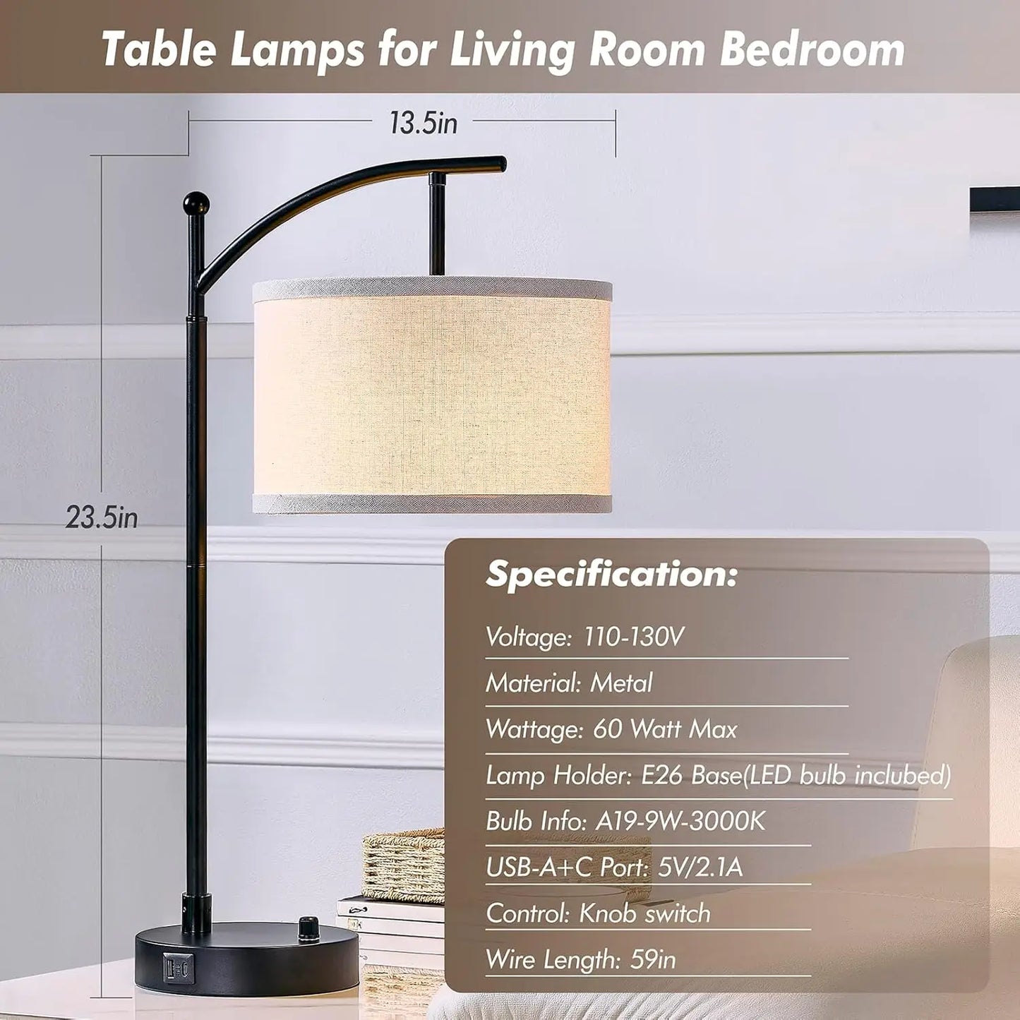 23.5" Table Lamps Set of 2 with USB C+A Ports, Dimmable LED Bulbs for Living Room Bedroom Nightstand