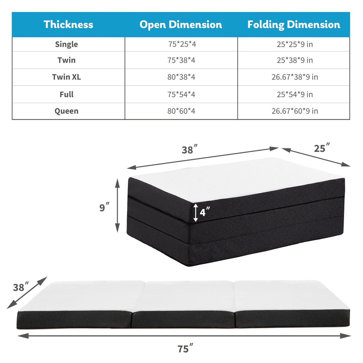 JHK Tri-Fold Memory Foam Mattress with Collapsible and Washable Cover Portable Floor Bed with CertiPUR-US Certified for Travel