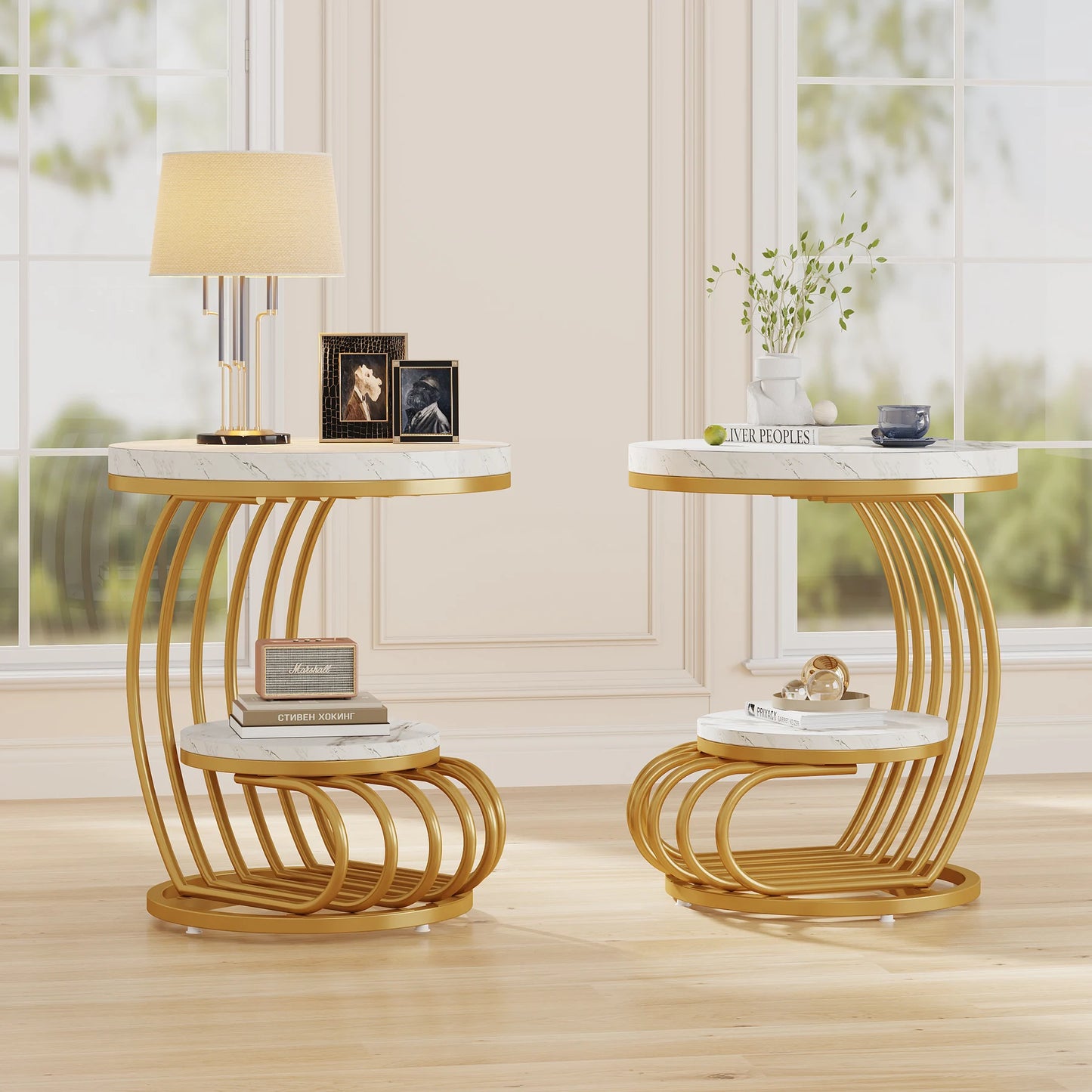 Tribesigns 2-Tier Faux Marble Round End Table Gold Frame Storage Shelf Modern White Gold Sofa Side Table Bedside Nightstand