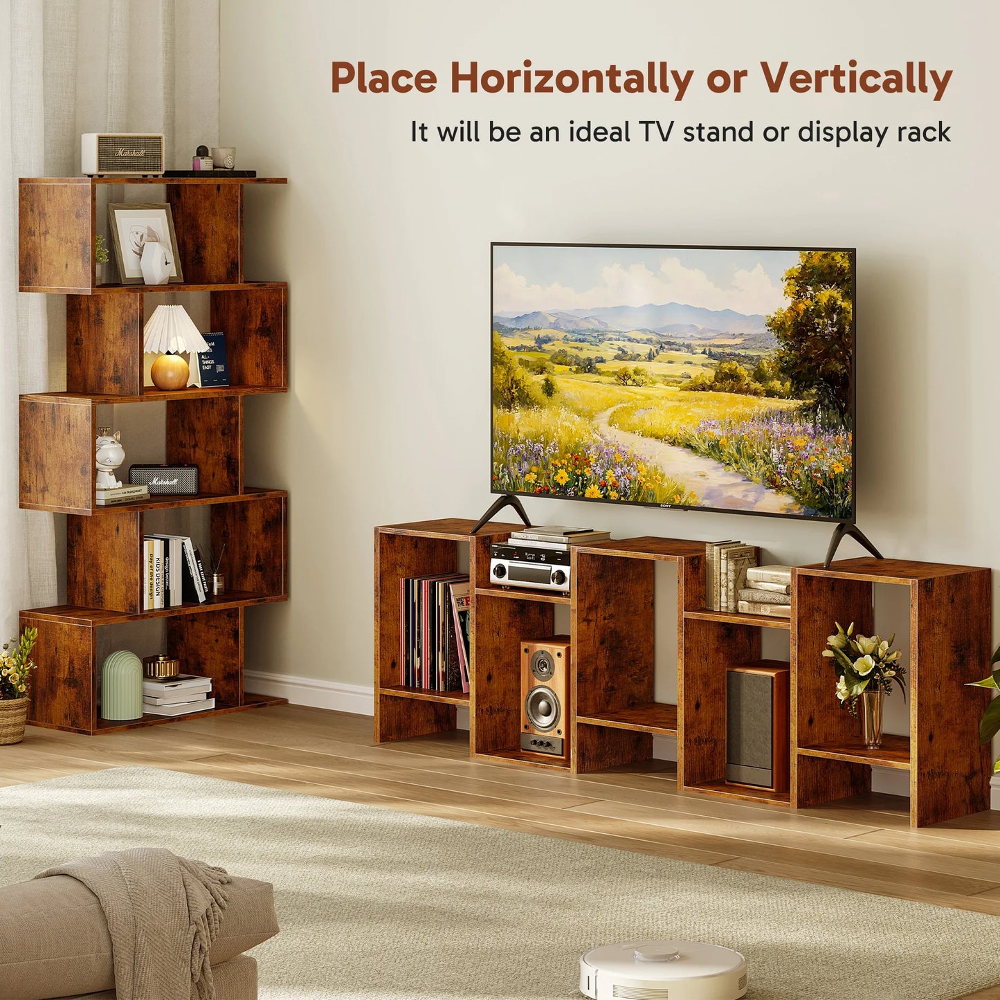 JHK 62IN Geometric Bookcase 5 Tier S-Shaped Wooden Display Bookshelf Storage Standing Shelf Stable Frame Graduated Shelves